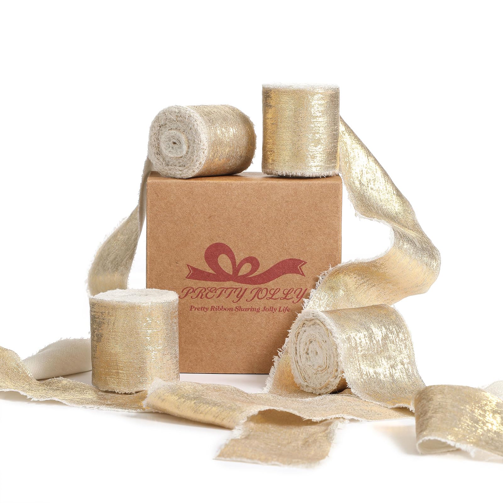 Pretty Jolly Champagne Chiffon Ribbon for Gift Wrapping Handmade Frayed Silk for Flower Bouquet Shimmery Gold Fringe 1 1/2 Inch x 5 Yard 4 Rolls for Hair Wedding Invitations