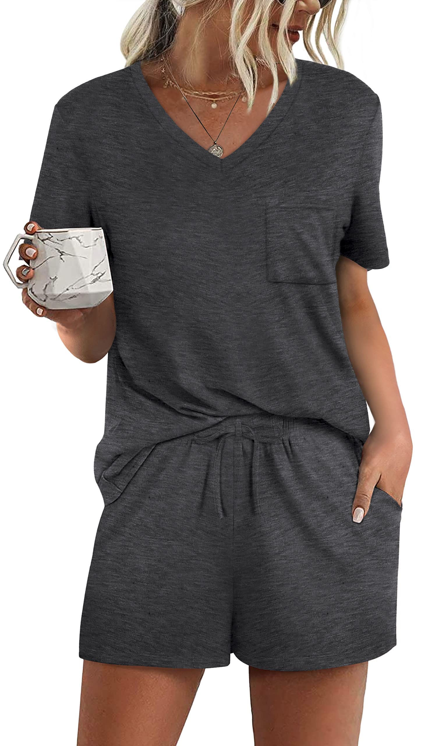 RUBZOOF Women's Short Sleeve Pajama Sets with Pockets Casual V Neck 2 Piece Lounge Sets S-3XL