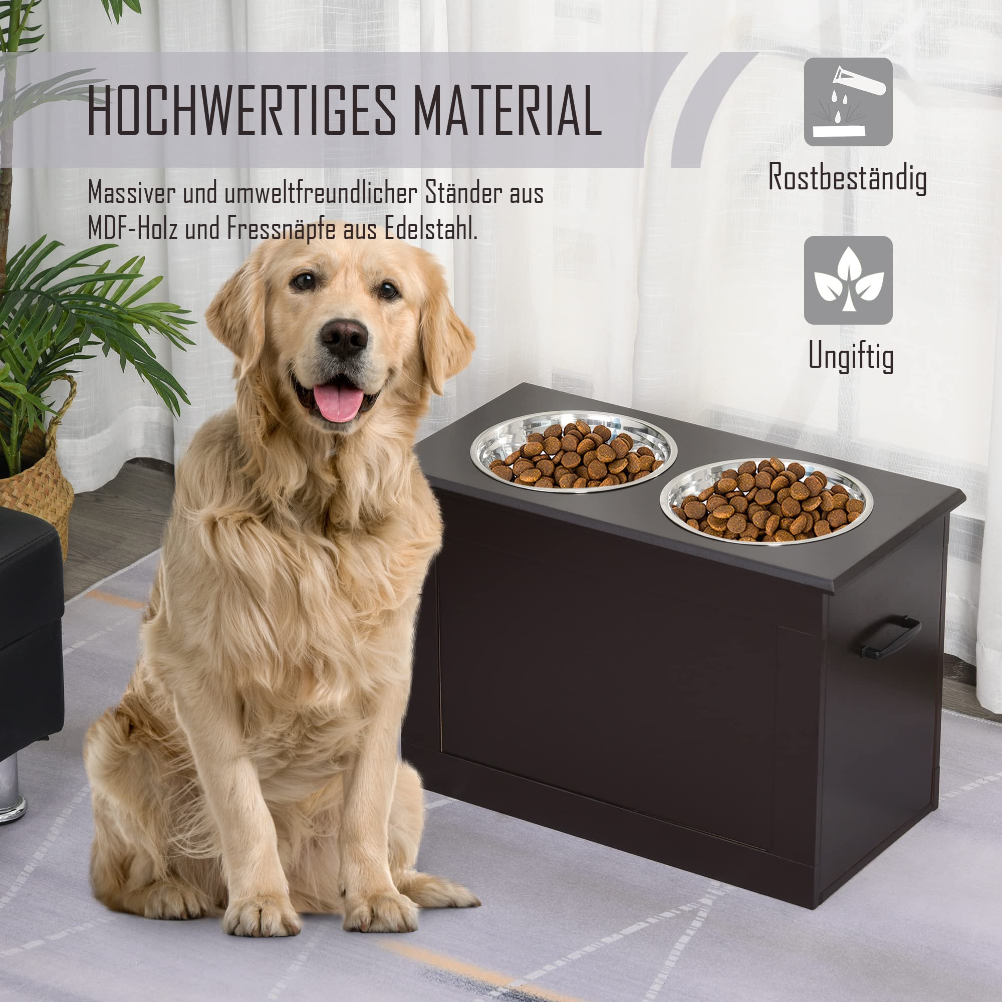 PawHut Erhöhter Hundenapf Futterstation Hunde Katzen 2 x 2000ml Espresso | Staumraum, Futternapf, Wassernapf, Edelstahlnäpfen, Hundenäpfe, Fressnapf