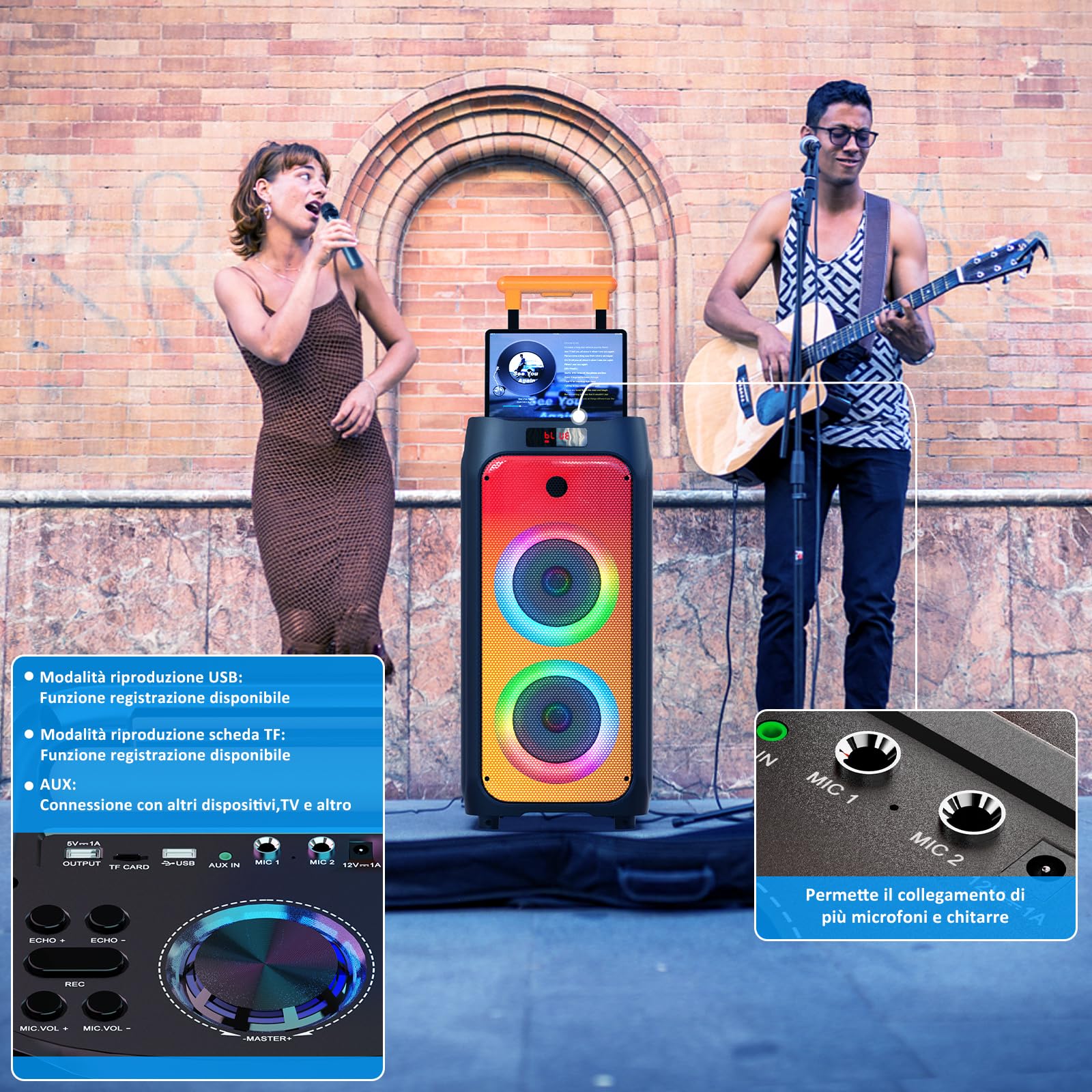 JYX Karaoke con 2 Microfono Wireless, 800W Cassa Bluetooth Grande, IPX4 Sistema PA Subwoofer, Bluetooth 5.3, luce Discoteca RGB, Canta tu Professionale Completo per Adulti, Supporta TF/USB, AUX, Rec