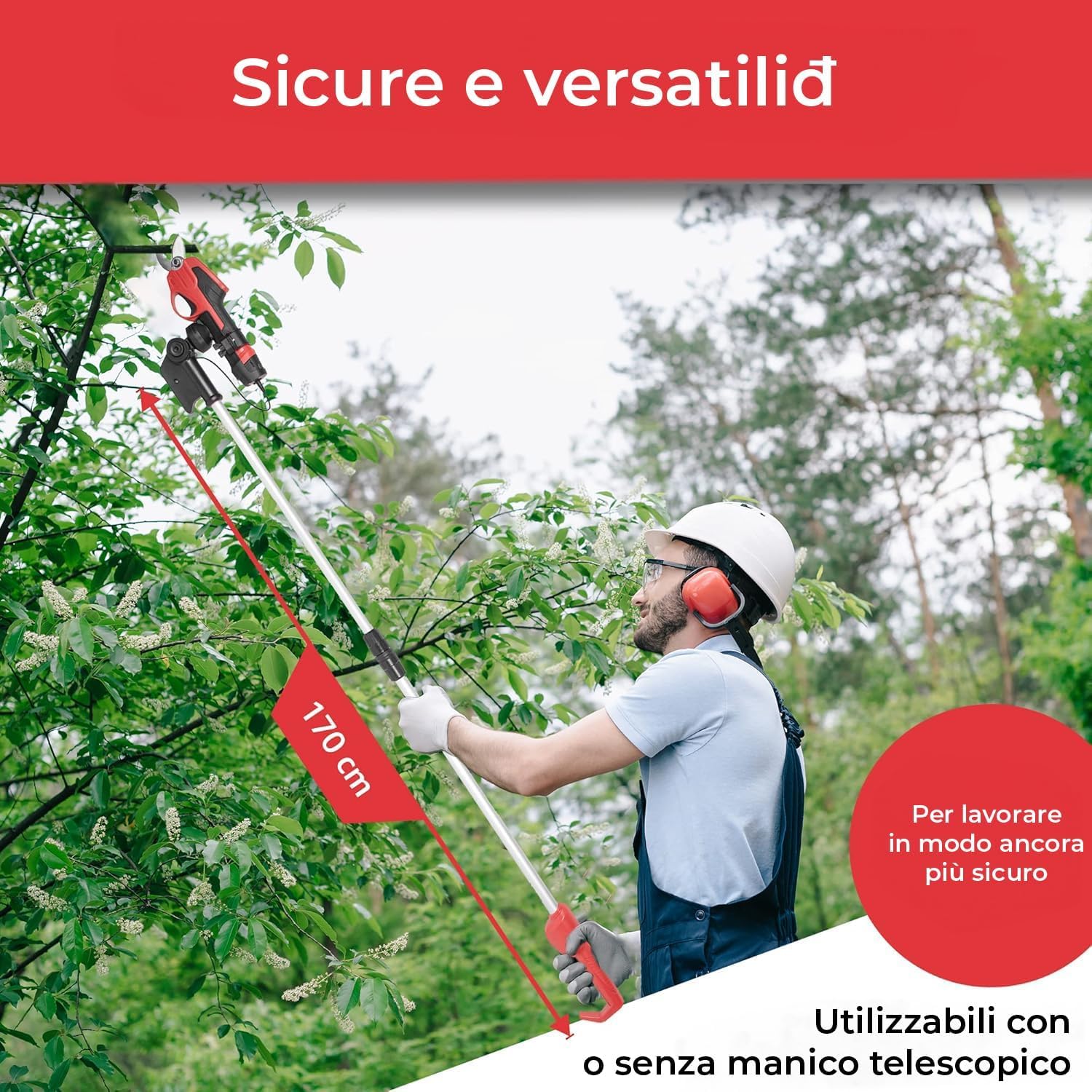 STREND PRO Forbici Potatura a Batteria Telescopiche, Cesoie per Alberi e Giardini, Max. 22 mm, Asta Telescopica 170 cm, 7.2V, Rosse