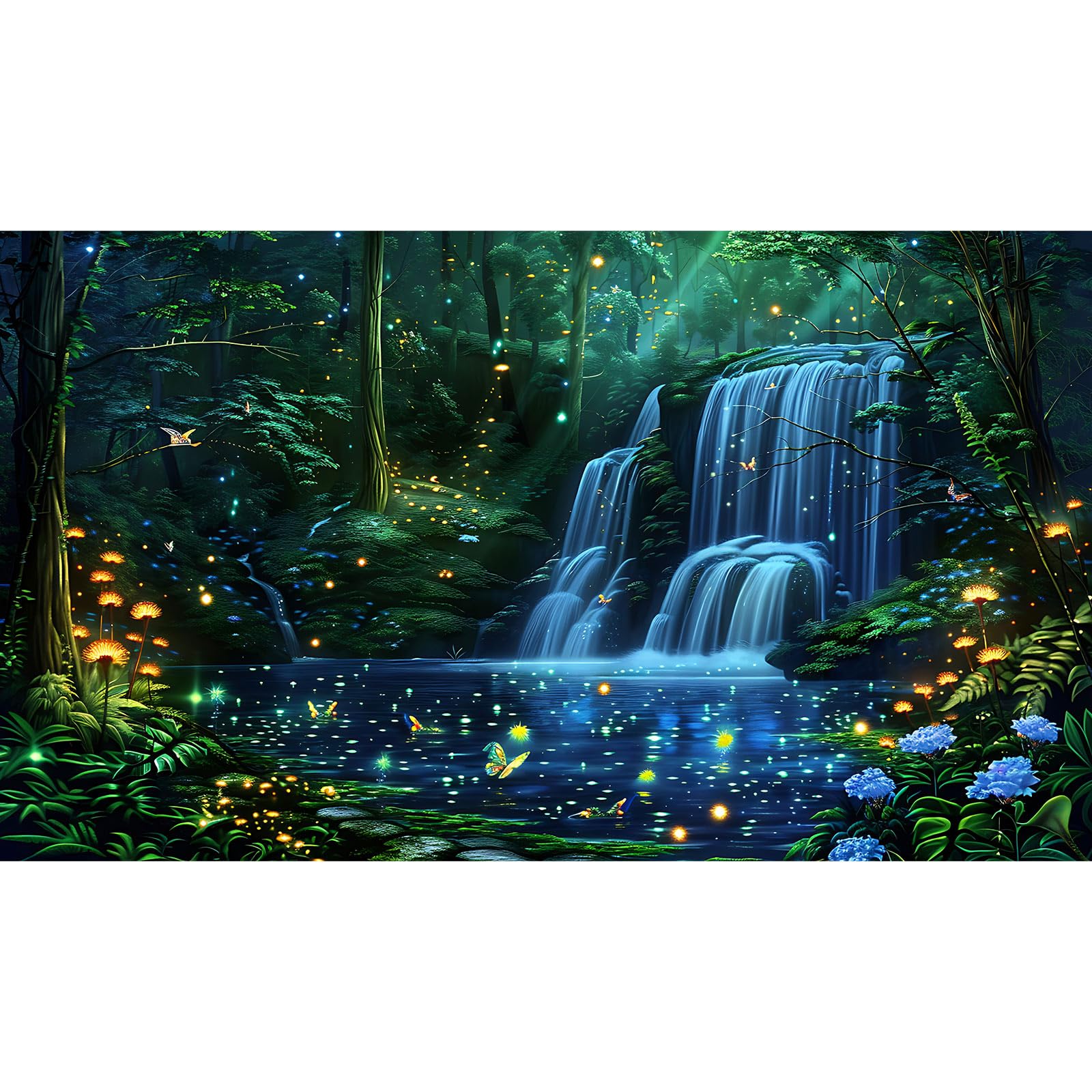 Waterfall Aquarium Background Enchanted Fantasy Forest Shimmering Fireflies Fish Tank Background Majestic Tranquil Lake Stream Reptile Tank Backgrounds Neon Lights Fish Terrarium Backgrounds 48x20in