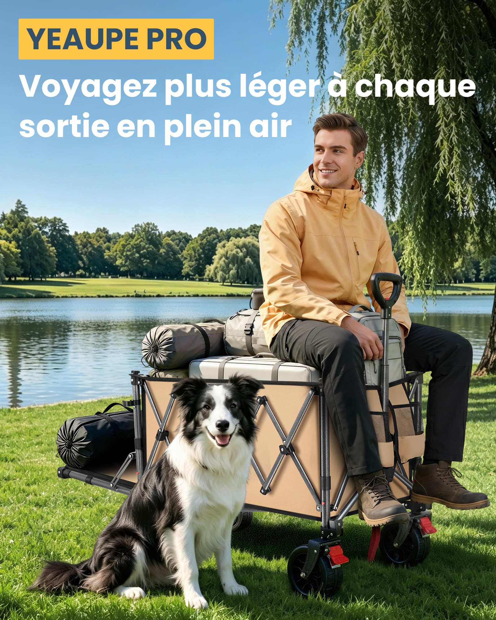 YEAUPE PRO Chariot Pliable 220L 200KG, Roues Larges Tout-Terrain, Kaki | Porte Arrière Rabattable pour Objets Longs, Chariot de Plage Léger 10.5KG pour Jardin, Camping, Courses & Événements Sportifs