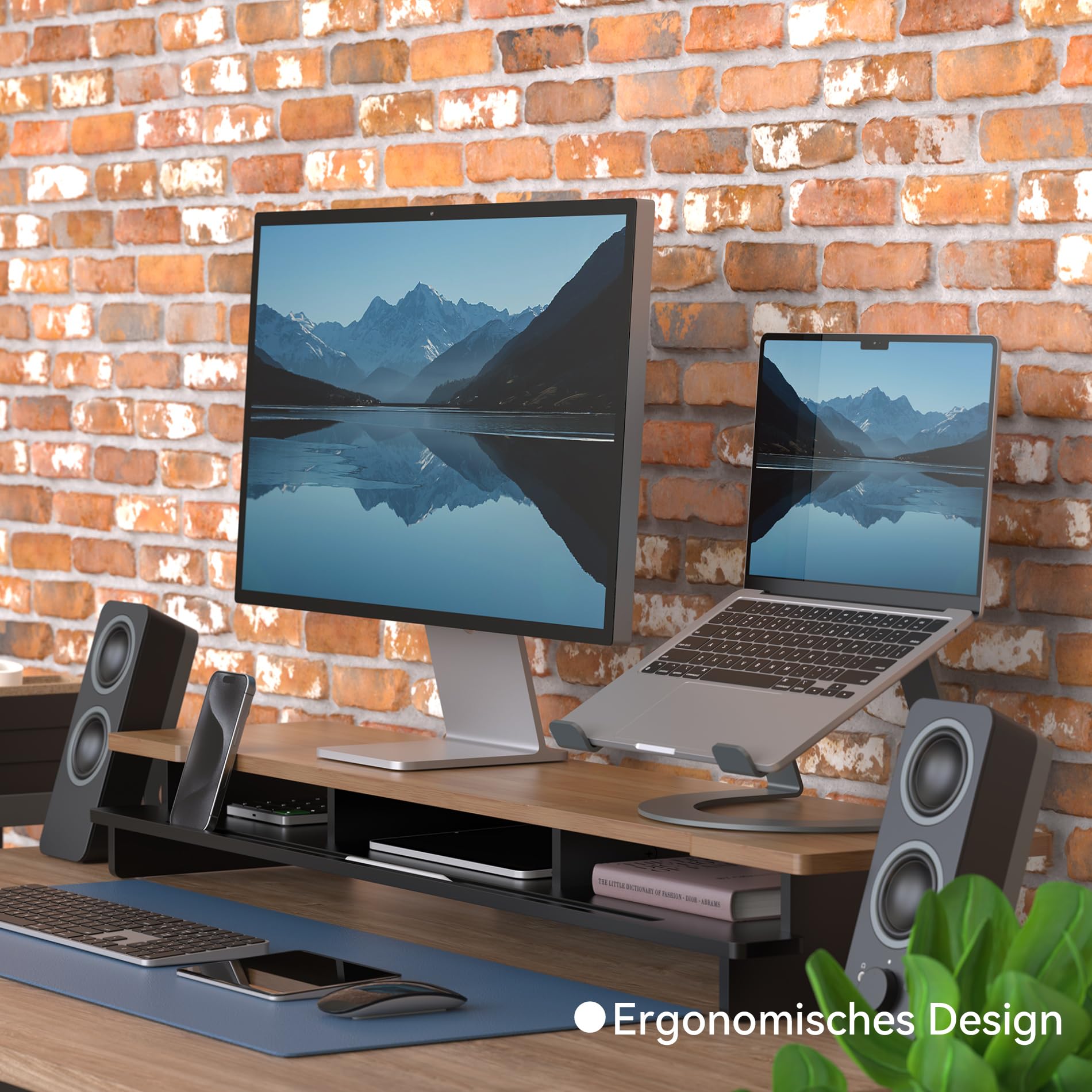 WELL WENG Monitorständer Dual-Monitorständer für Schreibtisch, Holzregal für Schreibtisch mit Aufbewahrungsorganizer und Halterung für Smartphone und Tablet (108 cm, schwarz und dunkles Bambus)