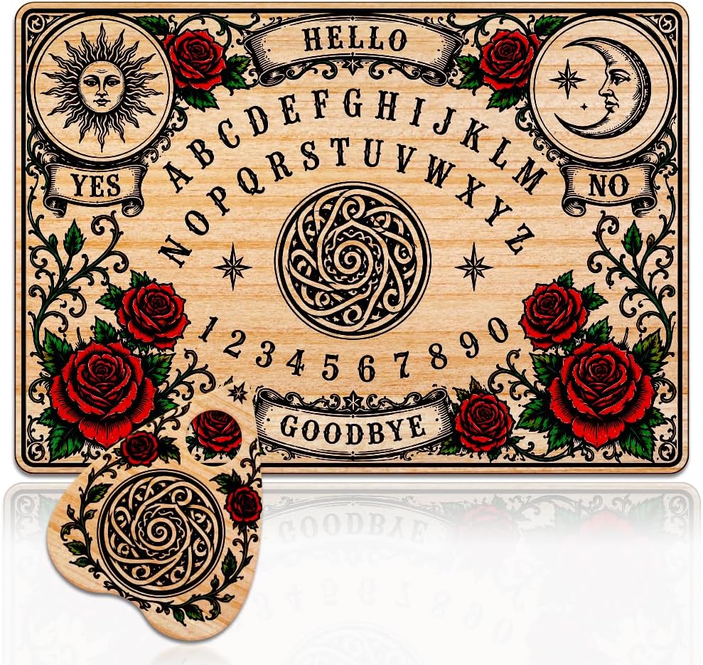 WEBEEDY Scroll Alta Wooden Spirit Board with Heart Planchette, Engraved Talking Handmade Solid Wood Divination Board for Metaphysical Rituals Halloween Party