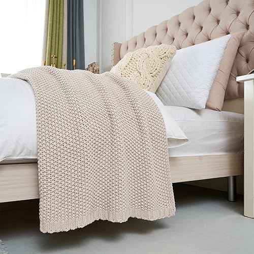 Miniatura 8 de Longhui bedding Manta de punto trenzado grueso, ligera, color beige, 100% algodón orgánico, para sofá, cama, guardería, rústico, desgastado y