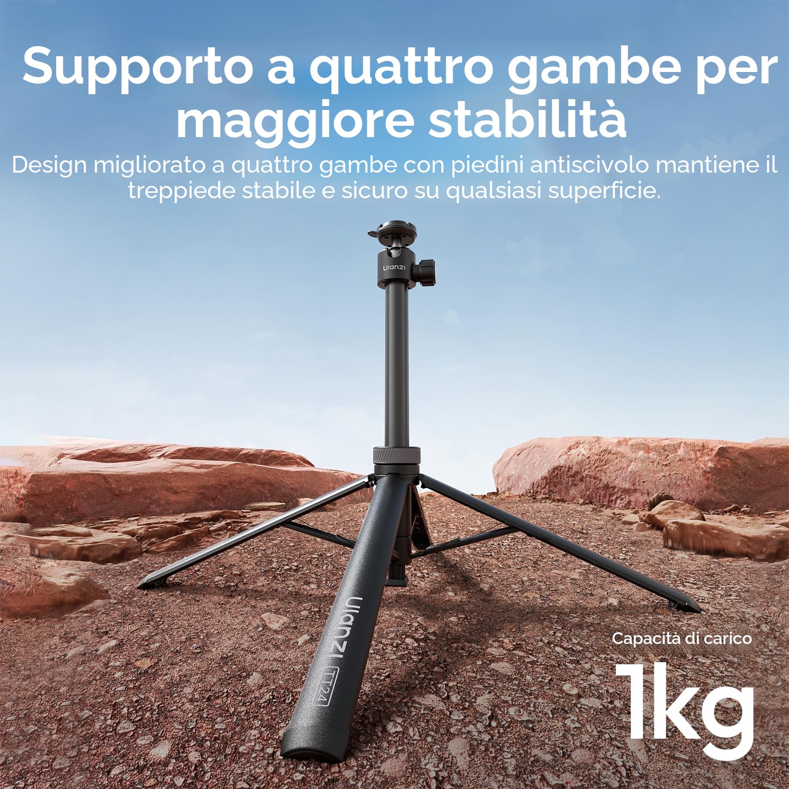ULANZI TT24 Selfie stick treppiede 150 cm con 4 piedi, Apertura automatica, Cavalletto action cam a sgancio rapido CKA, Carico 1 kg, Compatibile con Insta360 ace pro X3 4 5, DJI Pocket Action, Go pro
