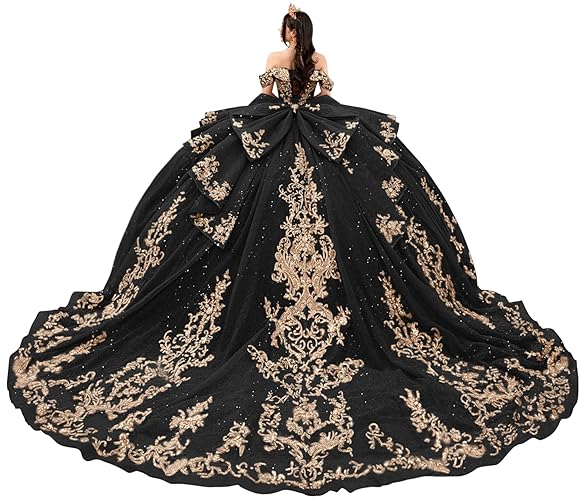 TRHTX Sparkly Gold Appliques Quinceanera Dresses with Bow Off Shoulder Ball Gown Puffy Tulle 15 Dresses