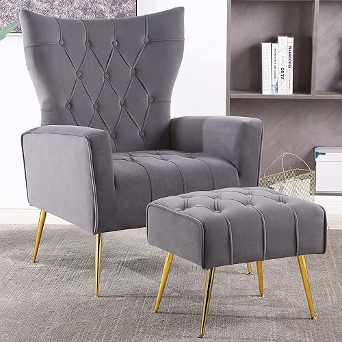 LUCKHAO Silla decorativa de terciopelo con otomana, sillón copetudo con respaldo de alas con reposapiés, moderno sofá individual tapizado para