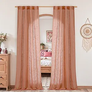LAMIT Terracotta Linen Curtains 80 inch Length 2 Panels, Light Filtering Semi Sheer Panels Back Tab and Rod Pocket Neutral Drapes for Bedroom/Living Room, 34 x 80 Inch
