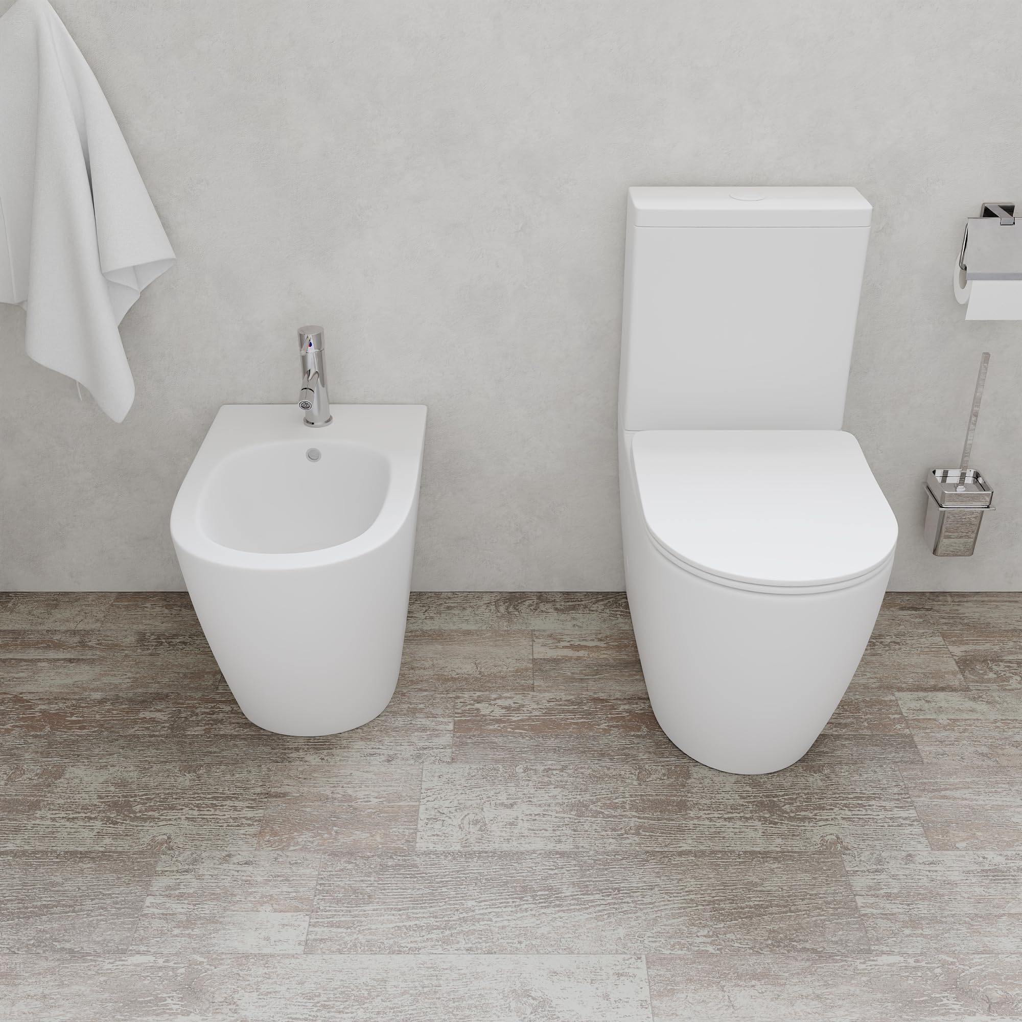 Coppia di sanitari filomuro vaso monoblocco rimless e bidet bianco opaco | Europa