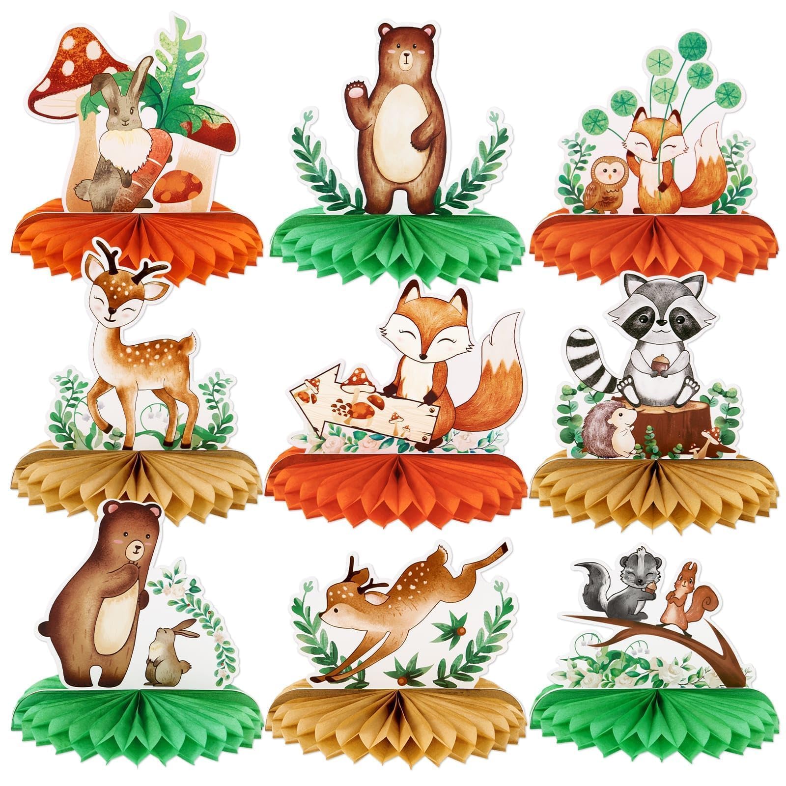 WERNNSAI 9PCS Woodland Animals Honeycomb Centerpieces Decorations - Woodland Baby Shower Decorations for Kids Boys Forest Brithday Party Supplies