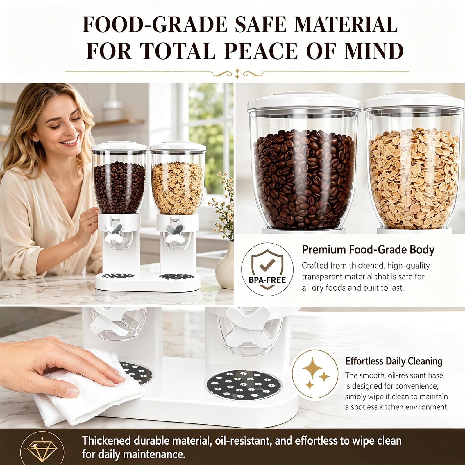 Dispenser per cereali da 2 l, contenitore ermetico per cereali, riso, cereali, caramelle, chicchi di caffè, 29 x 35 x 16 cm, dispenser per cereali e dolcificanti (bianco doppio)