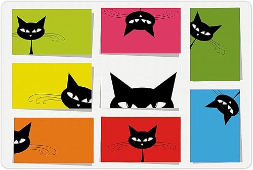 Lunarable Divertida alfombrilla para mascotas para alimentos y agua, caras de gatos desde diferentes ángulos en cuadrados coloridos, diseño de