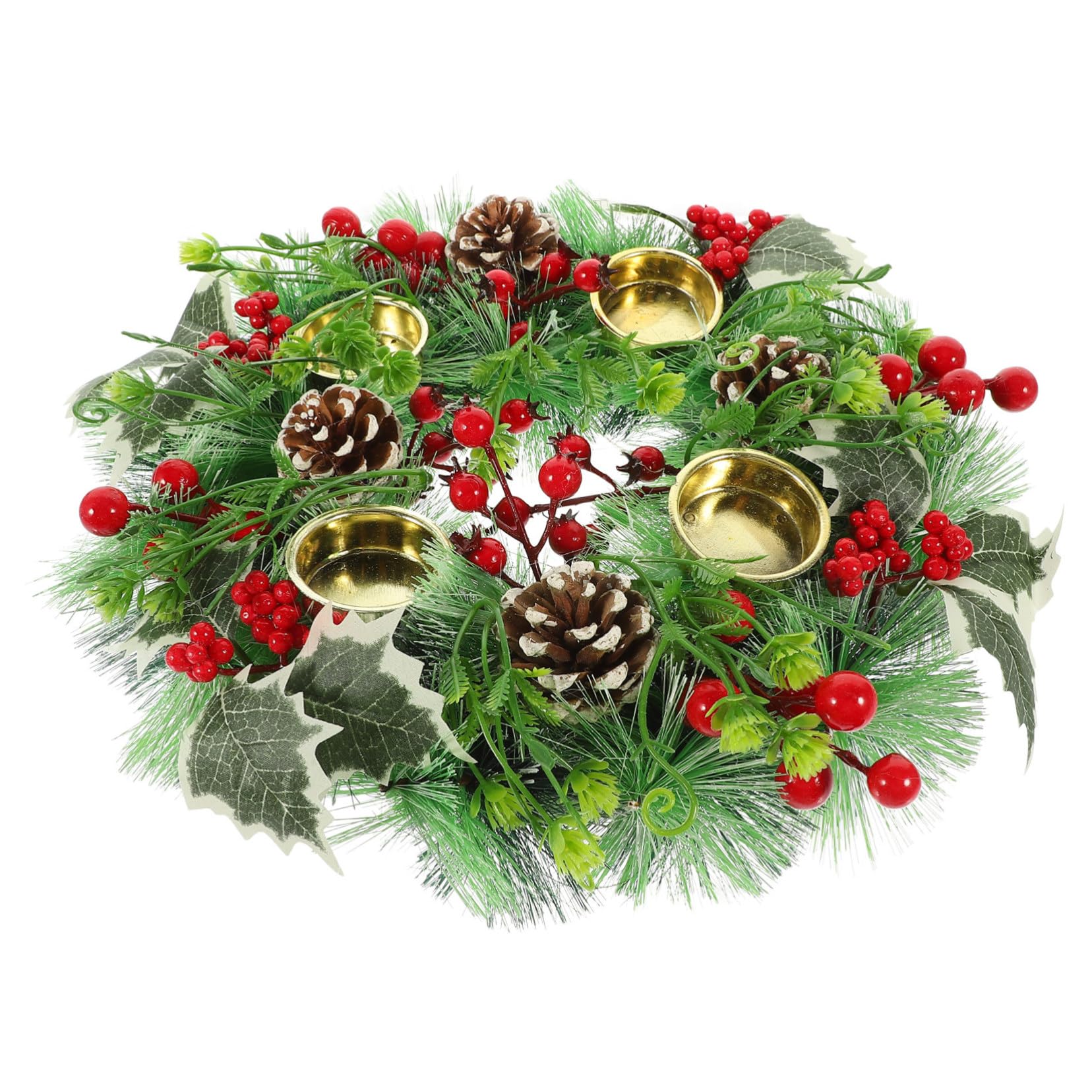 Christmas Candle Wreath Artificial Pine Needles and Berries Festive Table Centerpiece for Holiday Decor and Christmas Parties