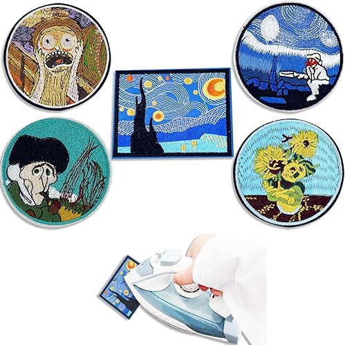 5 parches para planchar con patrón de pintura famosa para mochilas, parches bordados artísticos de alta gama, apliques de bricolaje para chaquetas,