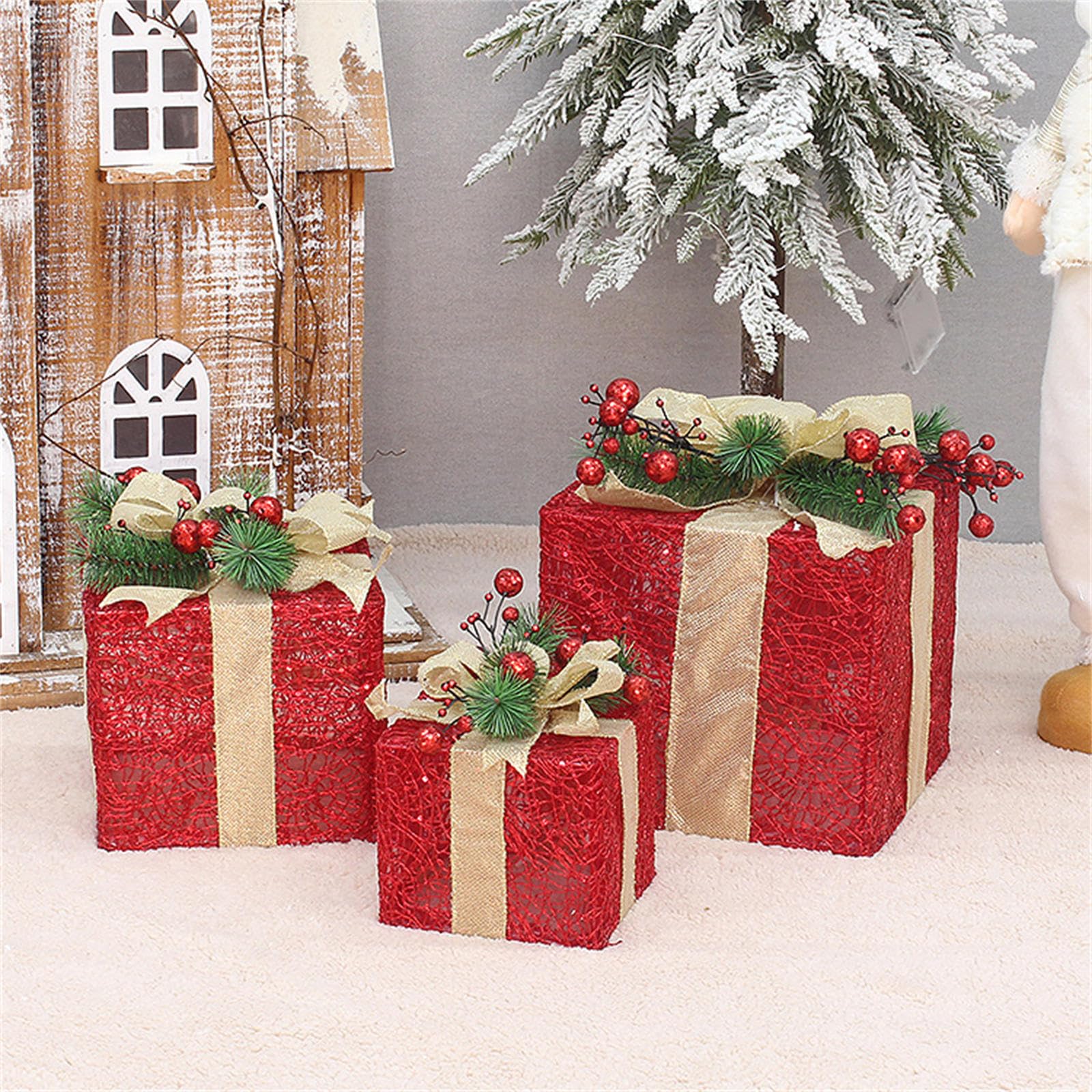 3 scatole Regalo Natale con Scatola Regalo con Fiocco e Ornamento sotto l ' Albero per Decorazioni Natalizie per la casa e Giardino