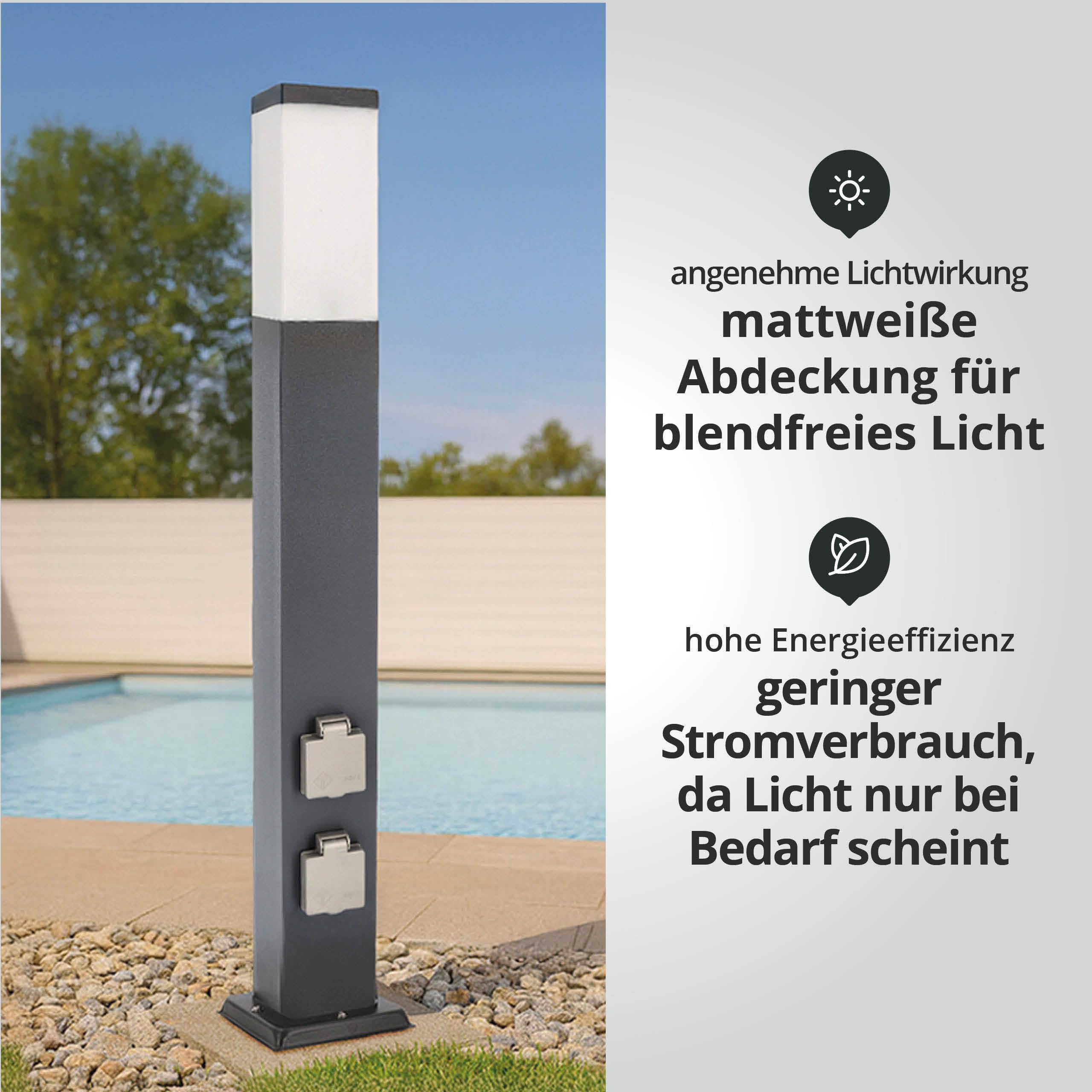 LED Universum Wegeleuchte mit 80cm Edelstahl Außenleuchte Stehleuchte Energiesäule Stromsäule Stromverteiler für den Garten Gartensteckdose (Anthrazit mit 2 Steckdosen und Dämmerungssensor)