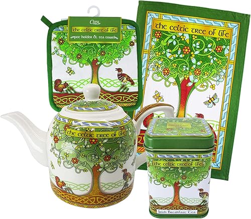 Royal Tara Tree of Life - Juego de cocina - Tetera - Lata de té de hojas sueltas - Toalla de té y soporte para ollas