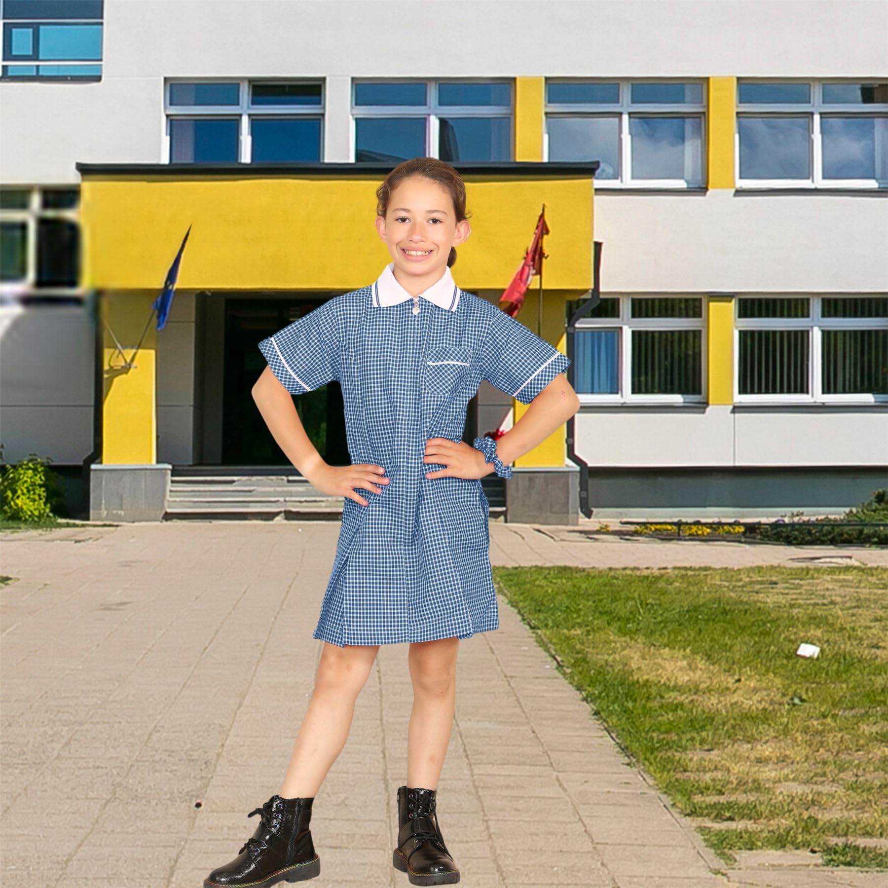 Dziewczęca sukienka szkolna w kratkę, 2 sztuki, zamek błyskawiczny, z krótkim rękawem, plisowana, mundurek szkolny dla dziewczynek, letnia sukienka w kratkę z kieszeniami i pomponem do