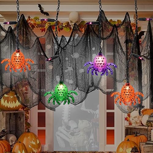 Romasaty Cortina de luces de araña de Halloween de 7 pies con 10 tiras de luces de araña impermeables, 25 luces LED temáticas de Halloween para