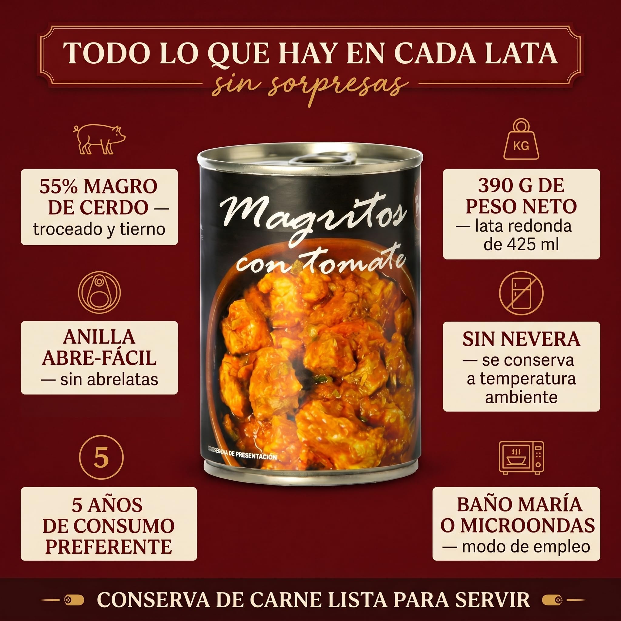 POLGRI Magro con Tomate de Cerdo en Lata 390 g x 3 latas Conserva de Carne Guisada Plato Preparado Receta Tradicional Manchega