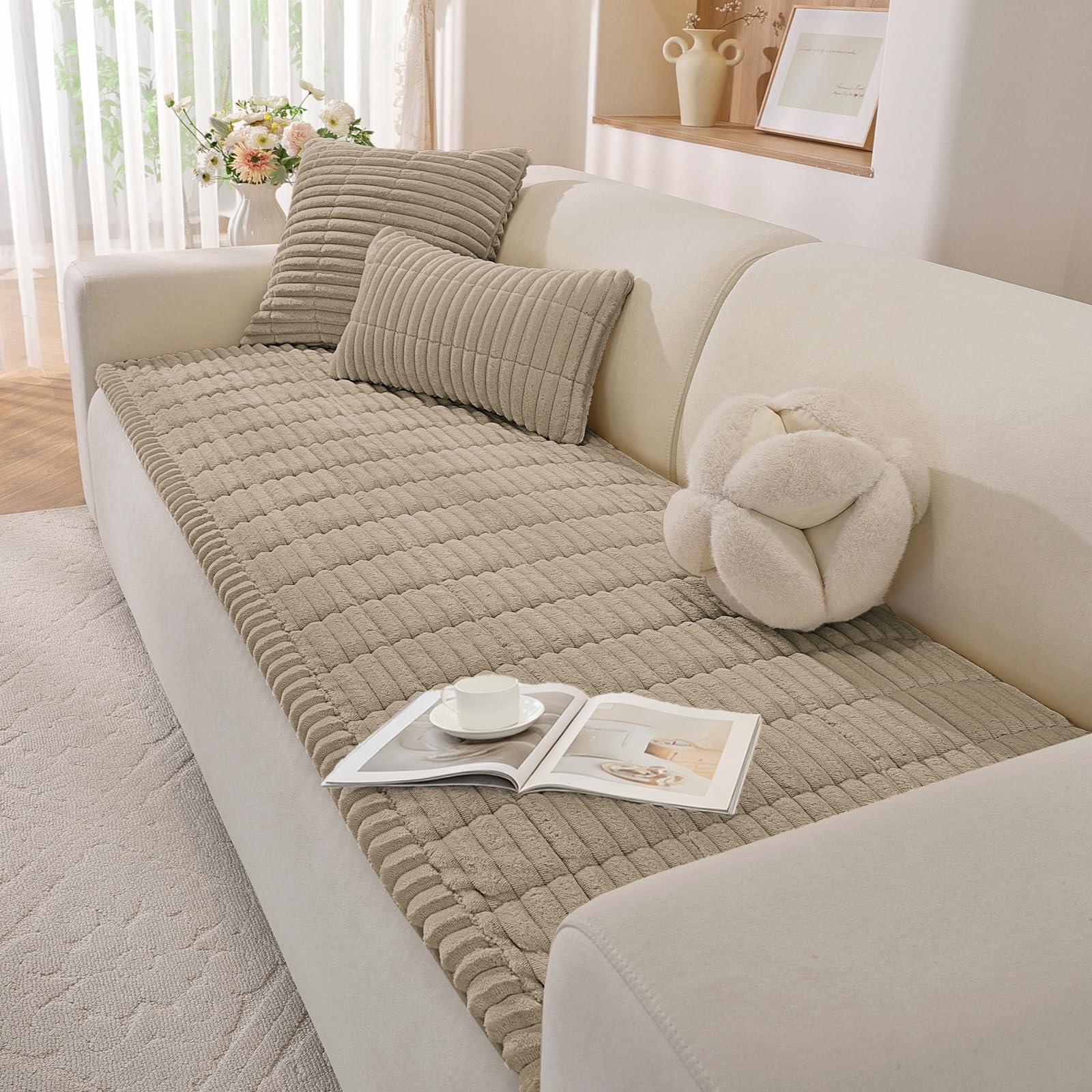 YSTELLAA Flannel Sofa Cover, Universal Non-Slip Sofa Cover, L-Shape Sofa Covers and Corner, Sofa Chaise Longue Covers for Living Room and Sofa Various Sizes (Brown, 70 x 180 cm) Global Recycled Standard Global Recycled Standard Global Recycled Standard