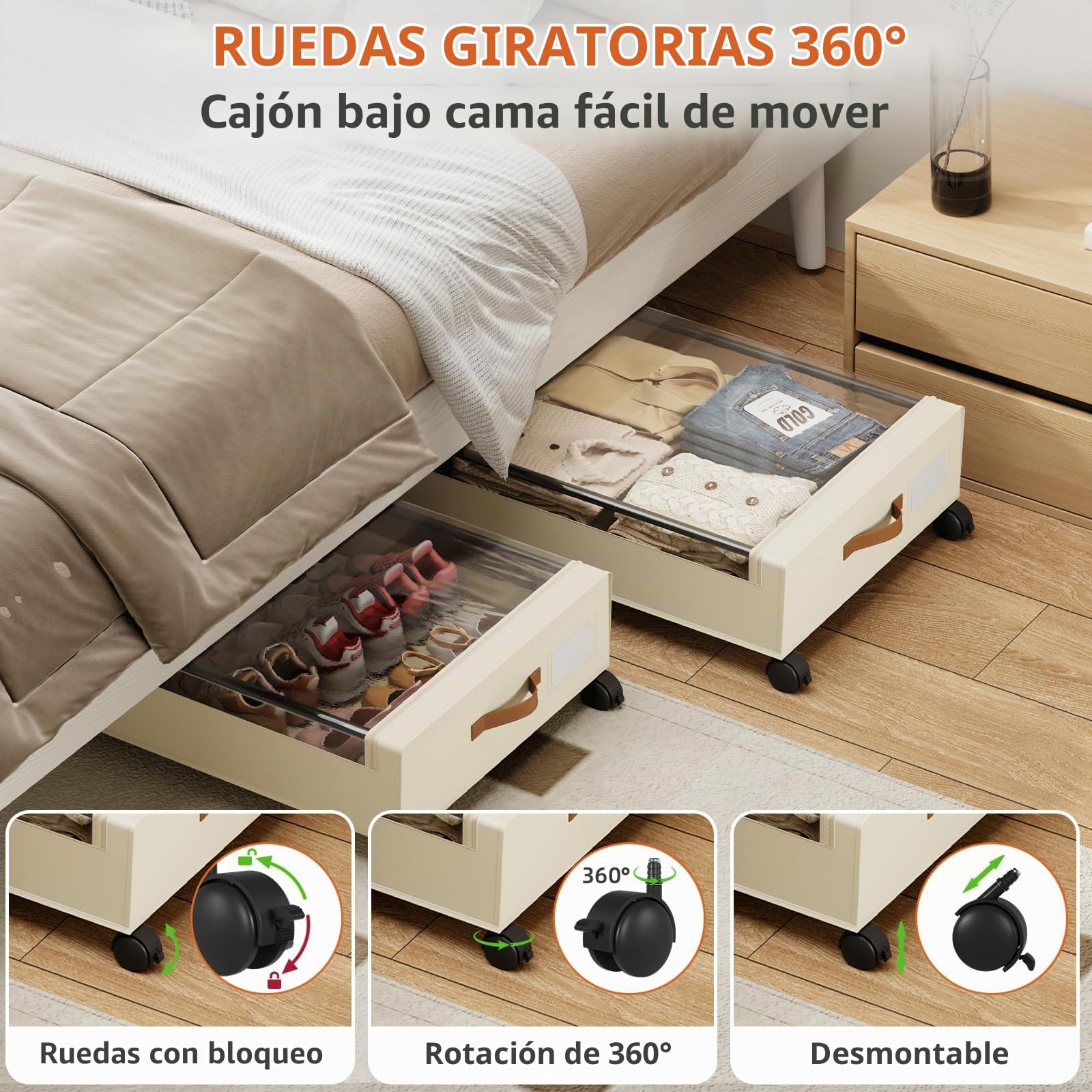 Somdot 48 L Cajones para debajo de la cama con ruedas, tapa y cremallera, caja bajo cama de gran capacidad, 43,5 profundo x 78,5 ancho x 17 alto, beige, pack 2