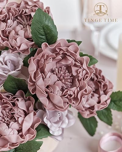 Miniatura 6 de TINGE TIME Flores artificiales de peonía florecientes para decoración de aspecto real, 16 piezas de rosas polvorientas con tallo para ramos de boda,
