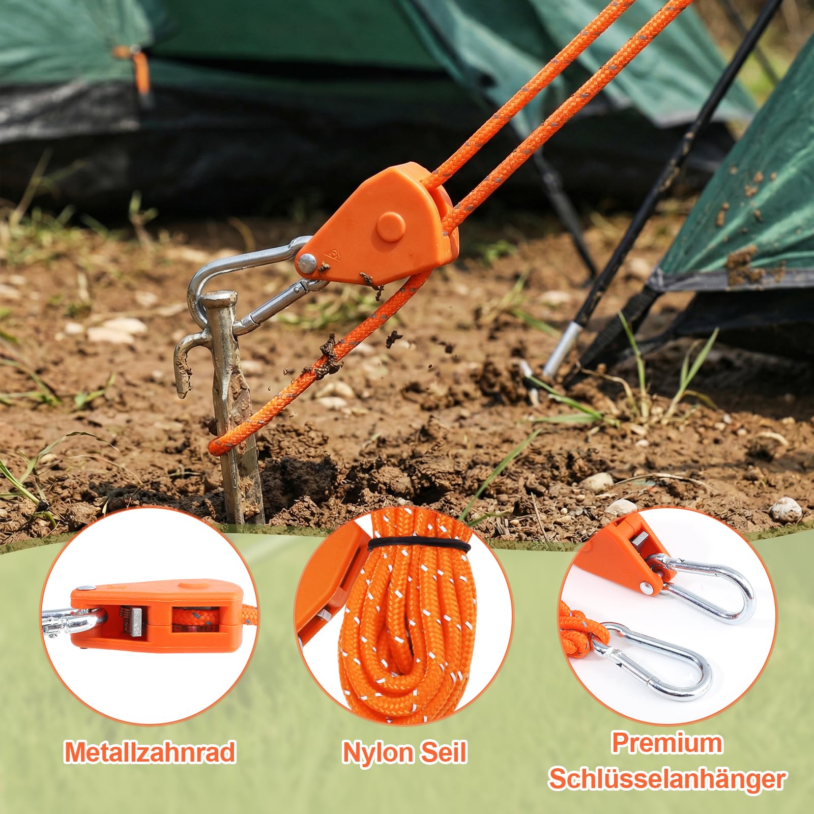 8 Stück Flaschenzug mit Seilbremse, 4m Seilratsche Einstellbar Abspannseile φ 4mm Seilspanner mit Karabiner für Camping Zelte