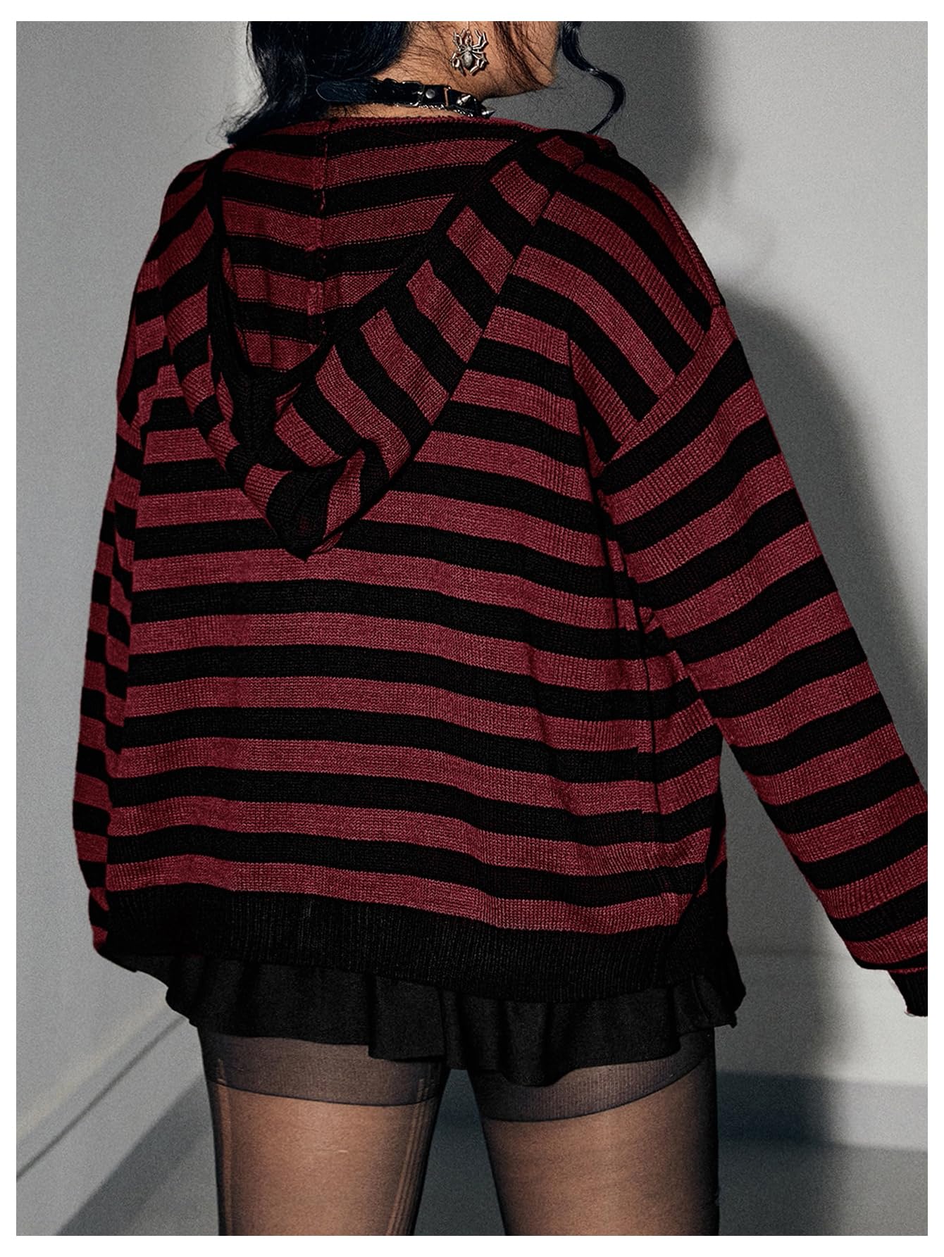 BEAUDRM Women's Plus Size Striped Cardigan Sweater Goth Grunge Zip Up Sweater Hoodies Long Sleeve Drop Shoulder Hoodie: XX-Large Plus Burgundy