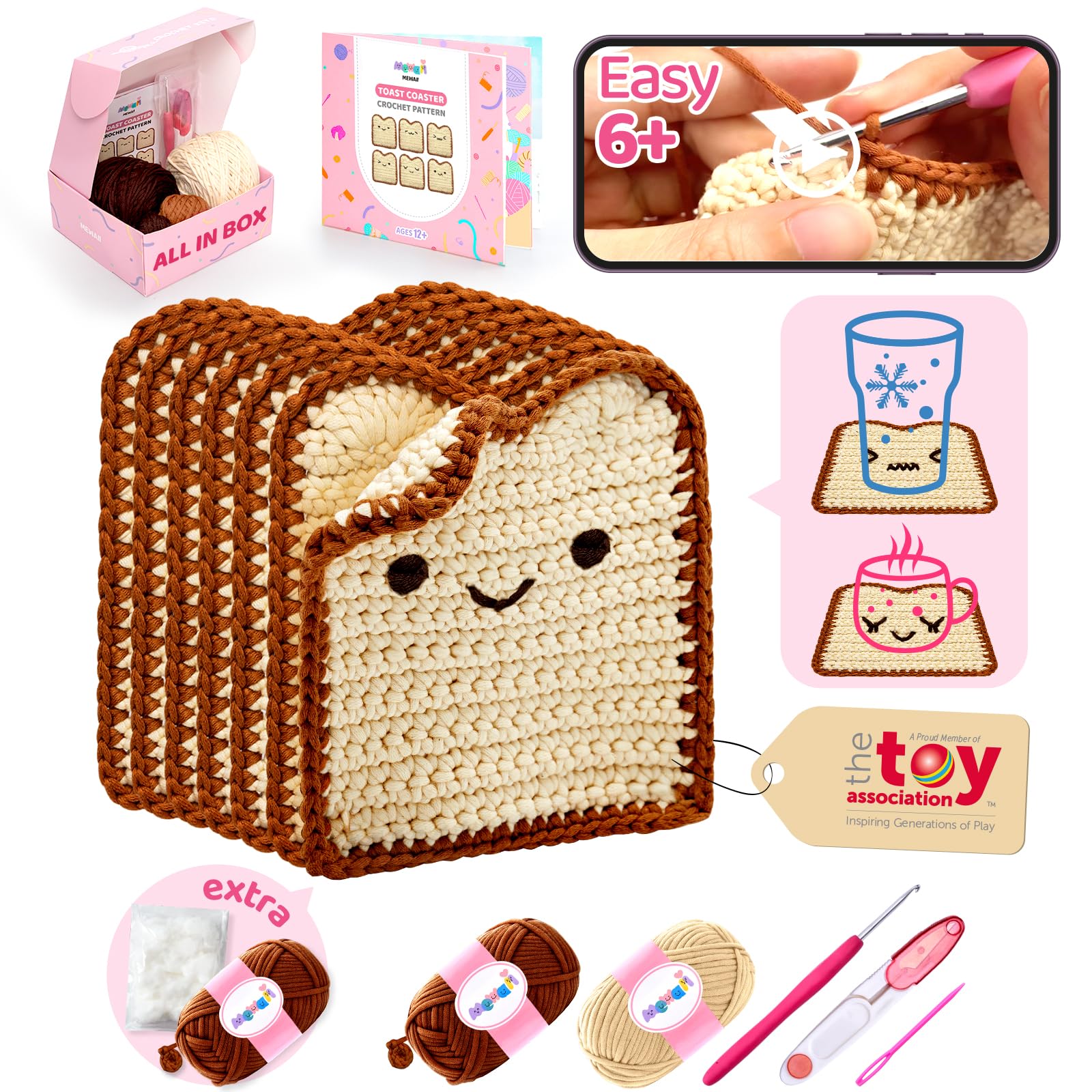 Mewaii Crochet Kit for Beginners Level 1 with 40% Extra Eco-Friendly Pre-Started Easy Yarn, Step-by-Step Video Tutorials for Adults and Kids (Toast Coaster)