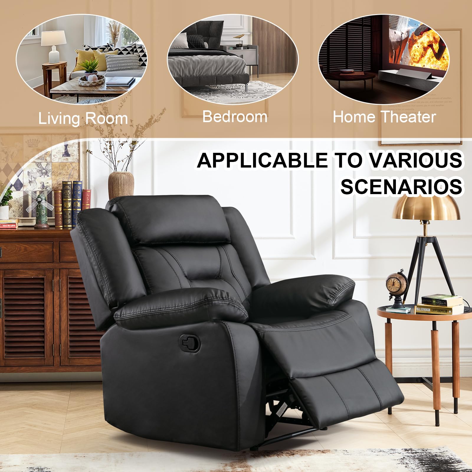 EBELLO Faux Leather Manual Recliner Chair, Modern Design Single Reclining Sofa Chair with Comfortable Armrest and Backrest, Furniture for Living Room, Bedroom, Black view 6