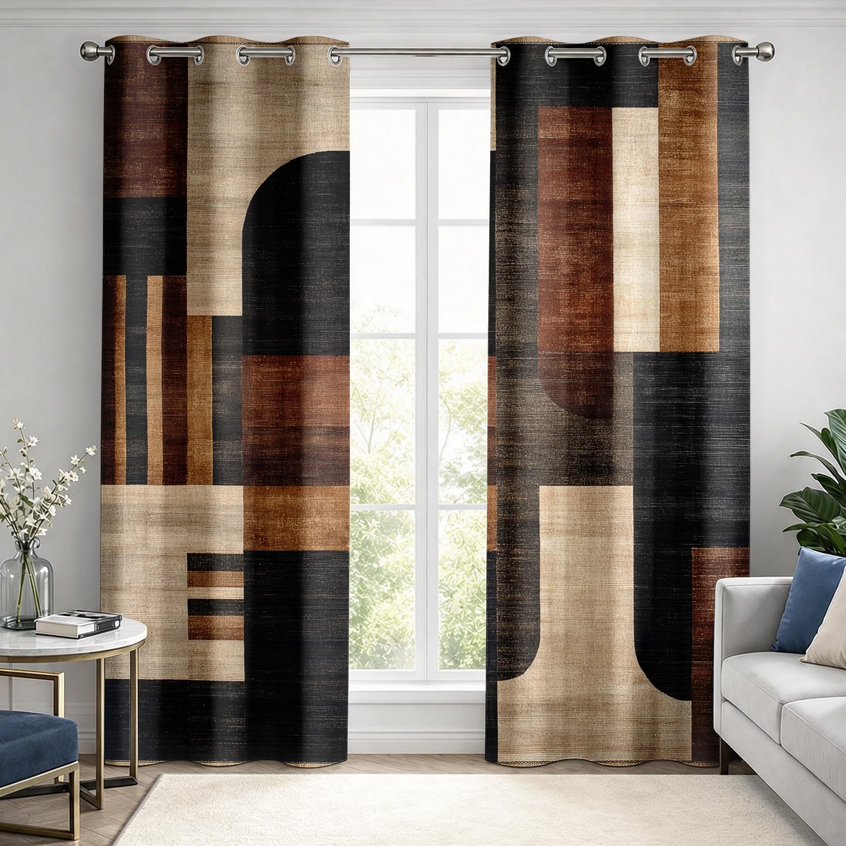 Rideau Occultant Marron - Décoration Marron, Rideau Thermique Motif Mid Century Modern Géométrique, Lot de 2 Rideaux Opaque à Oeillets pour Fenetre Chambre Salon, 140x260 cm (LxH)