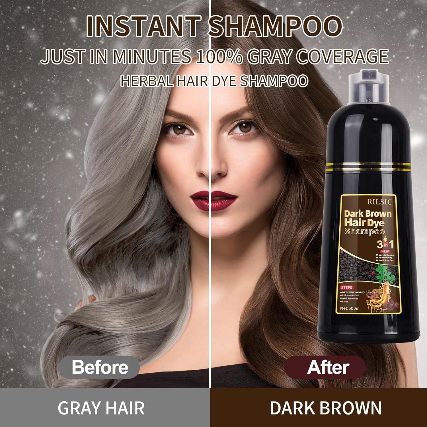 Black Hair Dye Shampoo for Grey Hair Beard Coverage, 500ML Instant