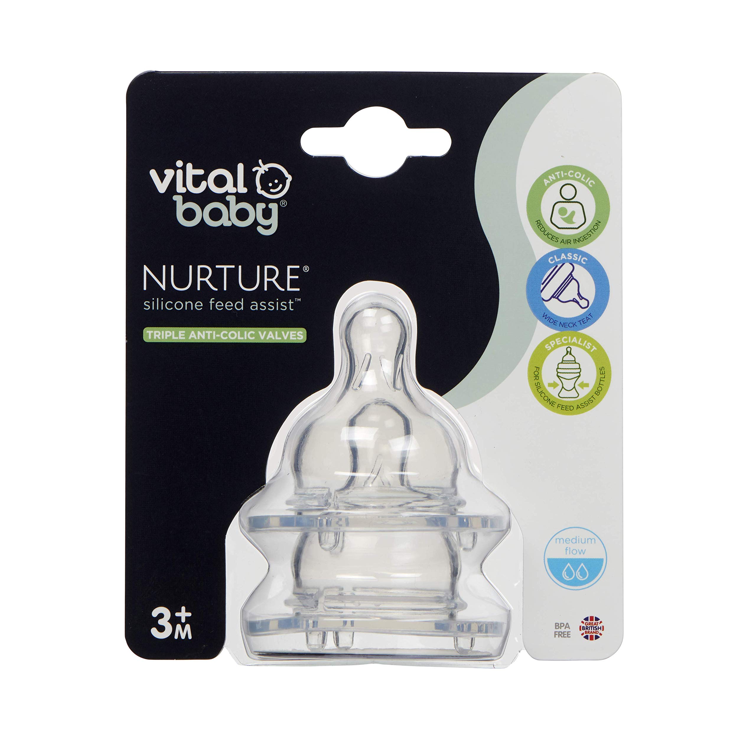 Vital Baby Nurture Silicone Feed Assist Teat Medium Flow, 2 Pack, Silicone Teat for Baby Bottles, BPA Free, 0-6 Months