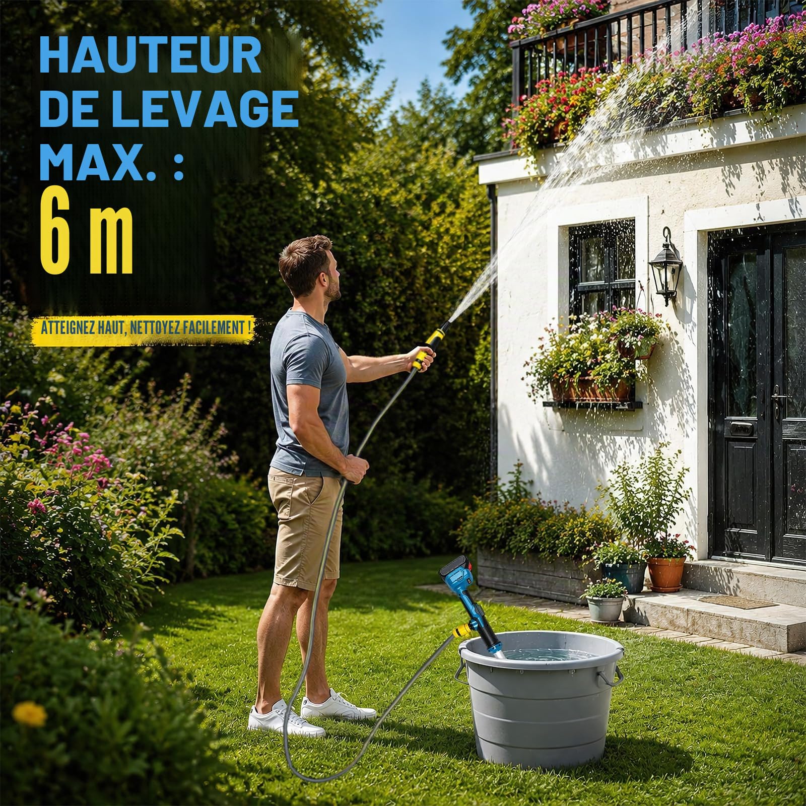 Pompe submersible sans fil 21 V avec 2 batteries de 2,0 Ah et chargeur, offre un débit de 3000 l/h et une hauteur de refoulement de 6 m, pompe à eau portable, idéale pour extraire l'eau de la citerne