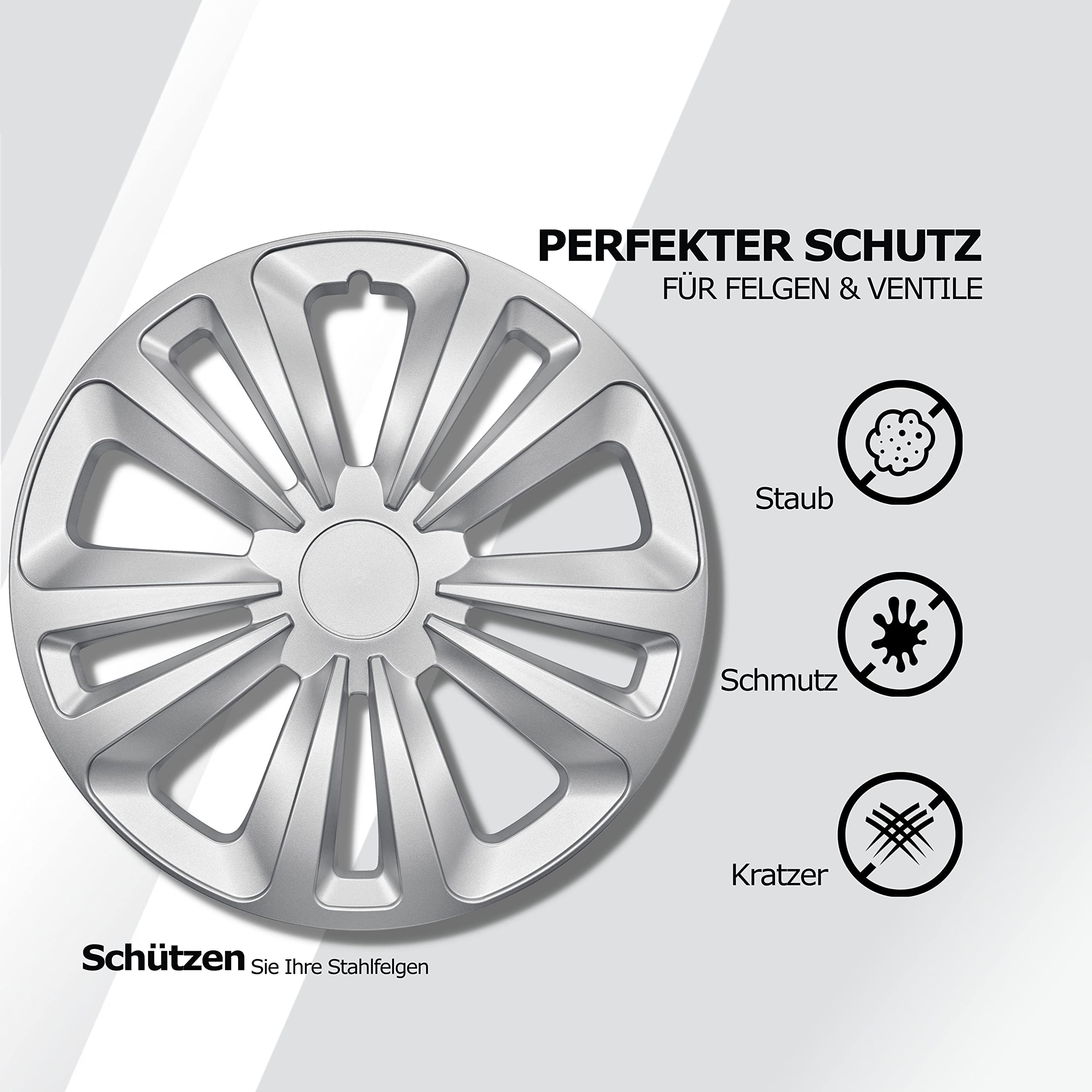 Kuglo T-Rar Radkappen 13 Zoll Silber, 4er-Set für Stahlfelgen | Schlagfester, witterungsbeständiger Kunststoff mit Metallspannring und werkzeugloser Clip-Montage