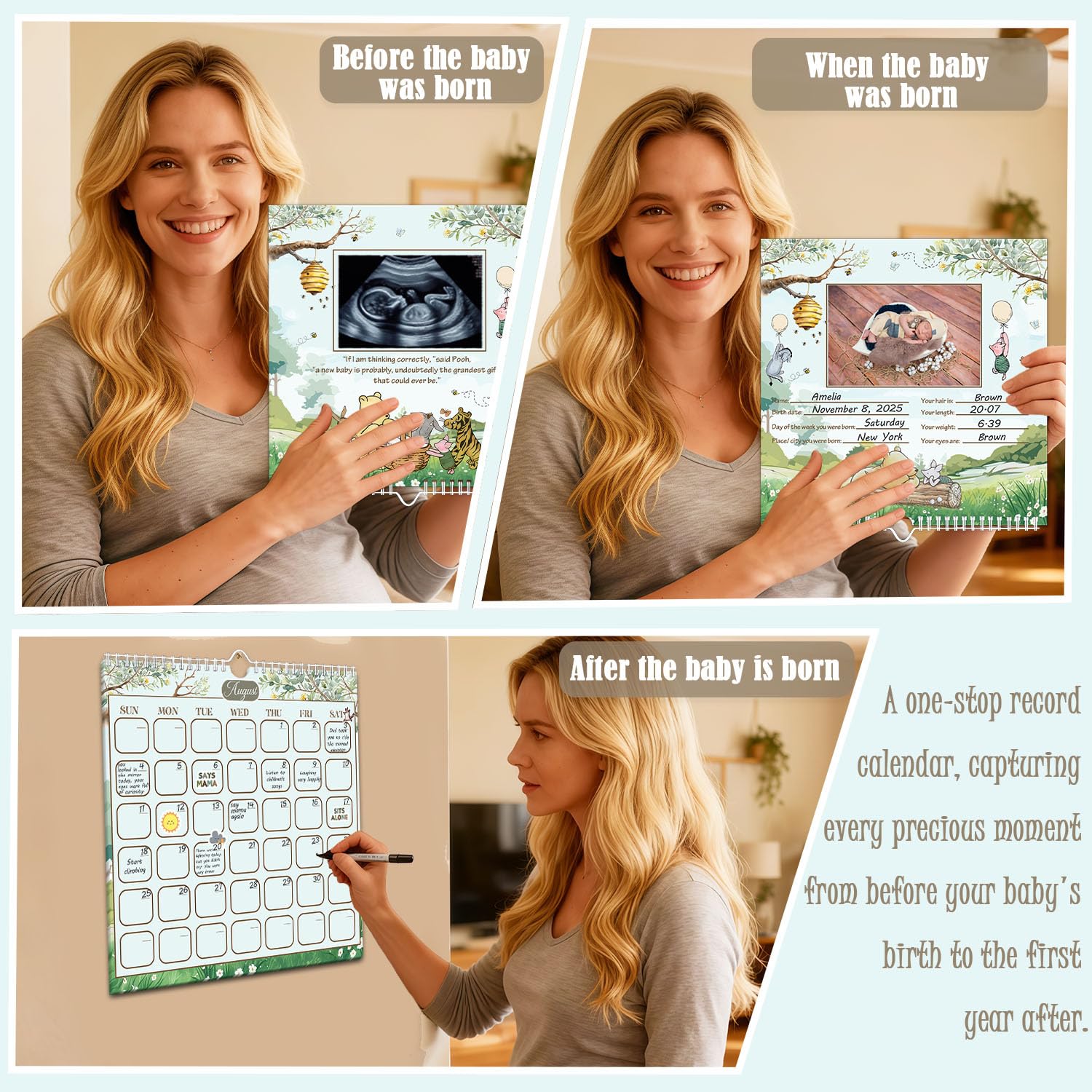 Babykalender Erstes Jahr mit Aufklebern, Winnie Baby Erstes Jahr Erinnerungsbuch, Baby Meilenstein-Kalender, Baby erstes Jahr Andenken Buch, Baby Ultraschall Foto Erinnerungsbuch, Babyparty Gästebuch
