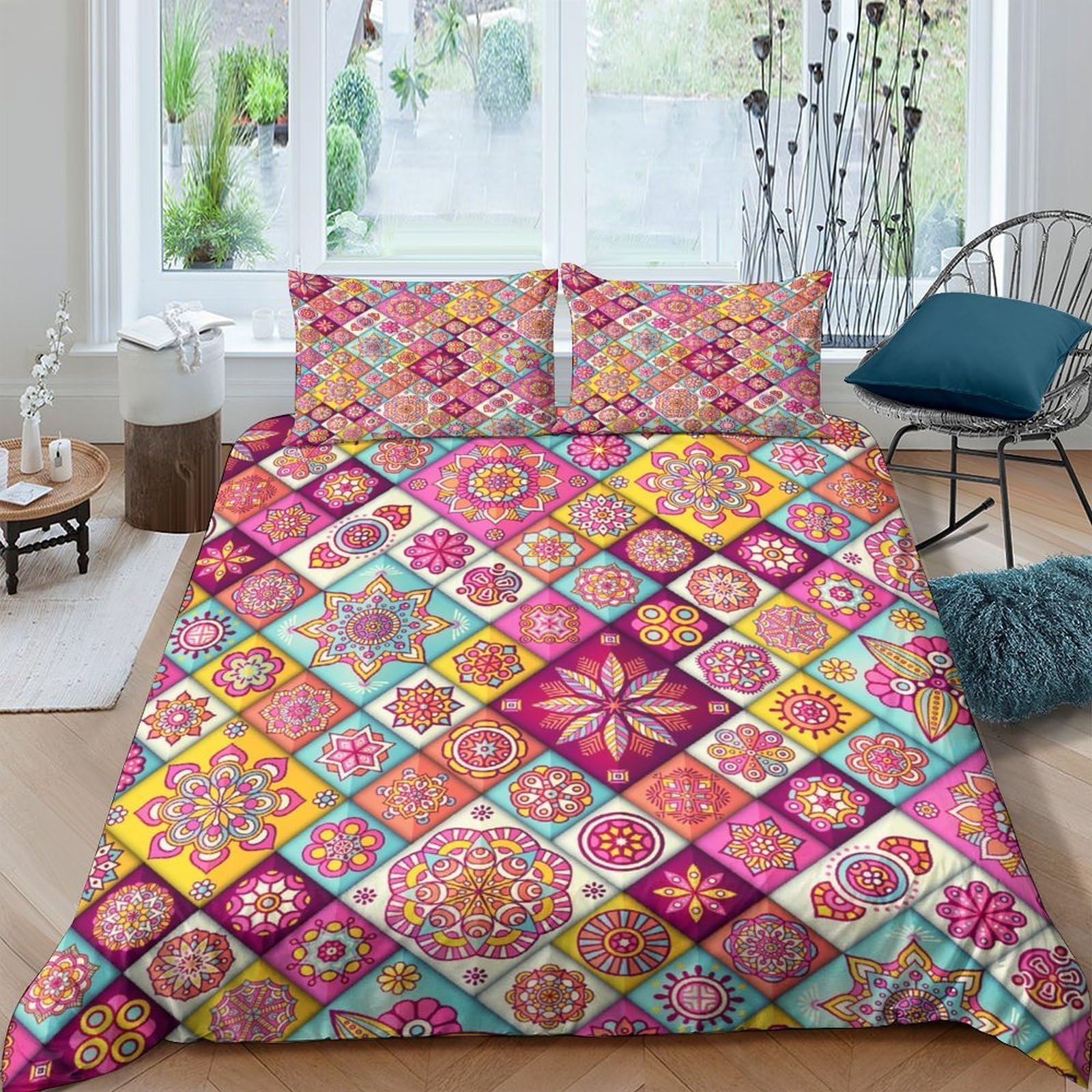 Ctjqhvkz Style-7 3D Printed Boho Patchwork Fitted Sheet Microfiber Vibrant Mosaic Bed Sheet Anti-Slip Washable For Bedroom Guest Room Decor Mattress Cover Single（135X200cm）