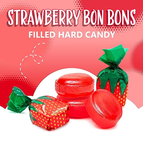 Miniatura 4 de Strawberry Bon Bons | Bolsa de 2 libras | Caramelo duro envuelto individualmente | Caramelos rojos a granel a granel a la antigua con relleno dulce