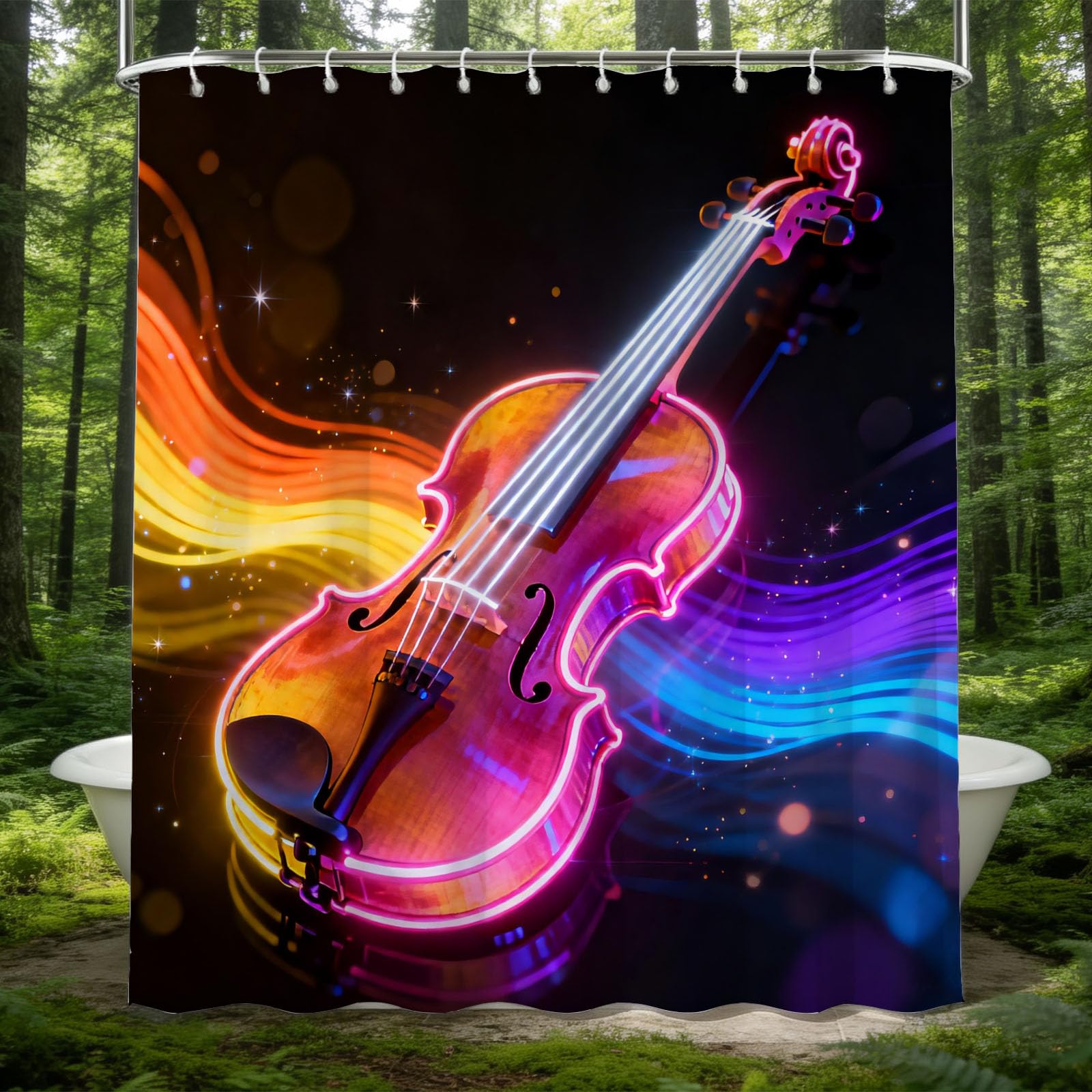 Hongduo 3D Cartoon Violin Shower Curtain for Stalls Bathtubs Multi Colour Bathroom Decor Shower Curtain Set Polyester Fabric Waterproof 180x180cm/71X71 Inch with Hooks