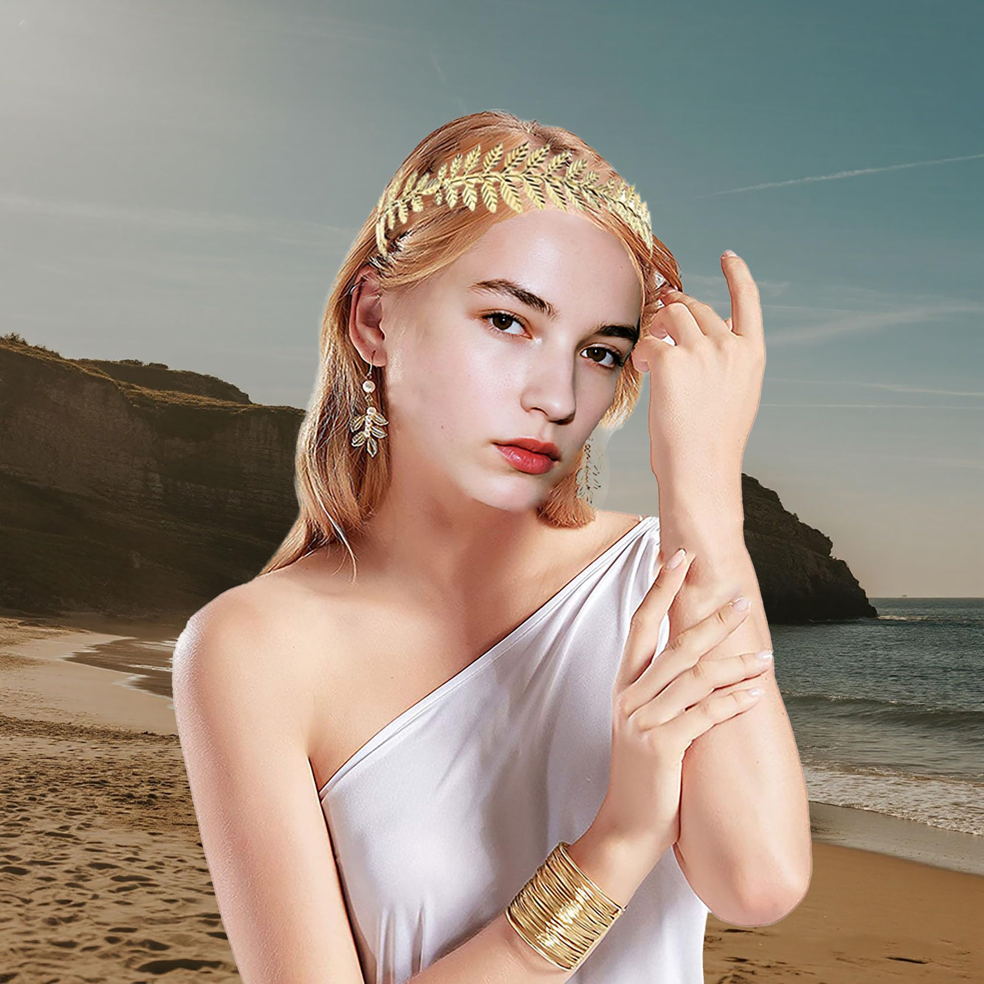 6 Pieces Greek Goddess Accessories Costume Set for Women – Gold Leaf Bridal Crown, 2 Side Combs, Necklace, Earrings, Arm Cuff& Bracelet – Toga Party, Wedding, Cosplay