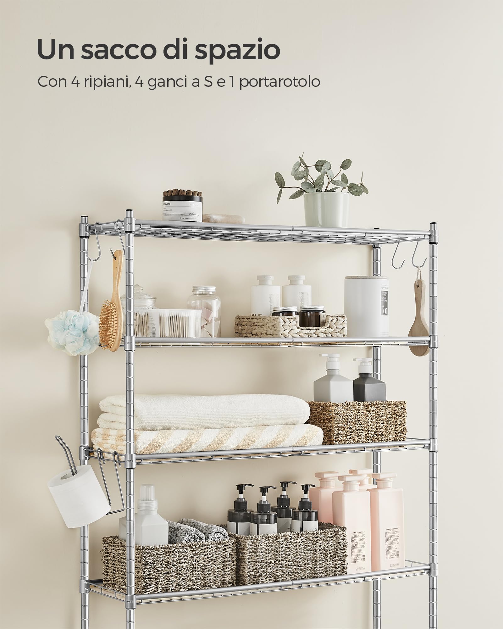 SONGMICS Scaffale sopra WC a 4 Ripiani, Scaffale da Bagno in Metallo, Ripiani Regolabili, con 4 Ganci e Portarotolo, Salvaspazio, 30 x 83 x 176 cm, Grigio Tortora BTS023G01