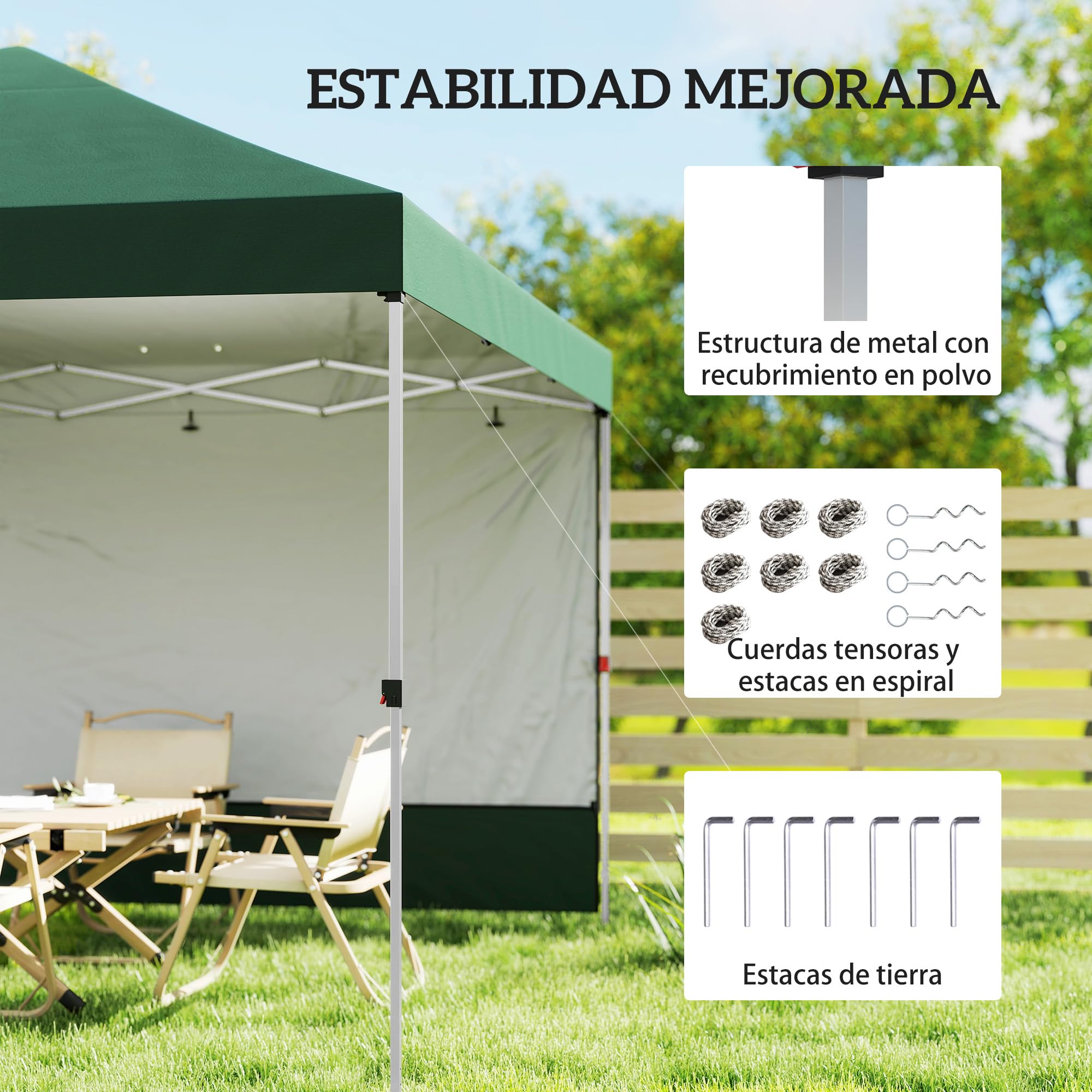 Outsunny Carpa Plegable 3x3 m, Pop-up, con Pared Lateral, Cenador de Jardín con Protección UPF50+, Empuje Central, Altura Ajustable, Bolsa de Transporte, Gazebo para Camping, Exterior, Verde