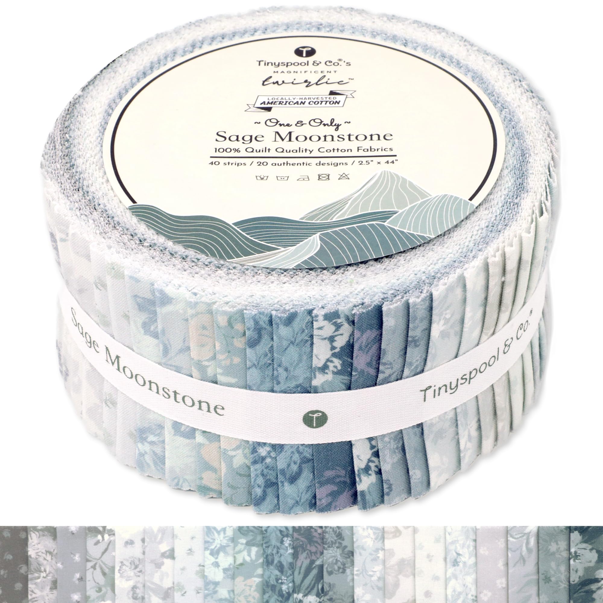Tinyspool &amp; Co.'s Twirlie Roll 40 Precut Quilting Fabric Strips for Quilting Supplies, Crafting, Sewing, Soft Cotton Strip for Blanket, Rug, Upholstery, Home Decor, and Purse Making, Sage Moonstone