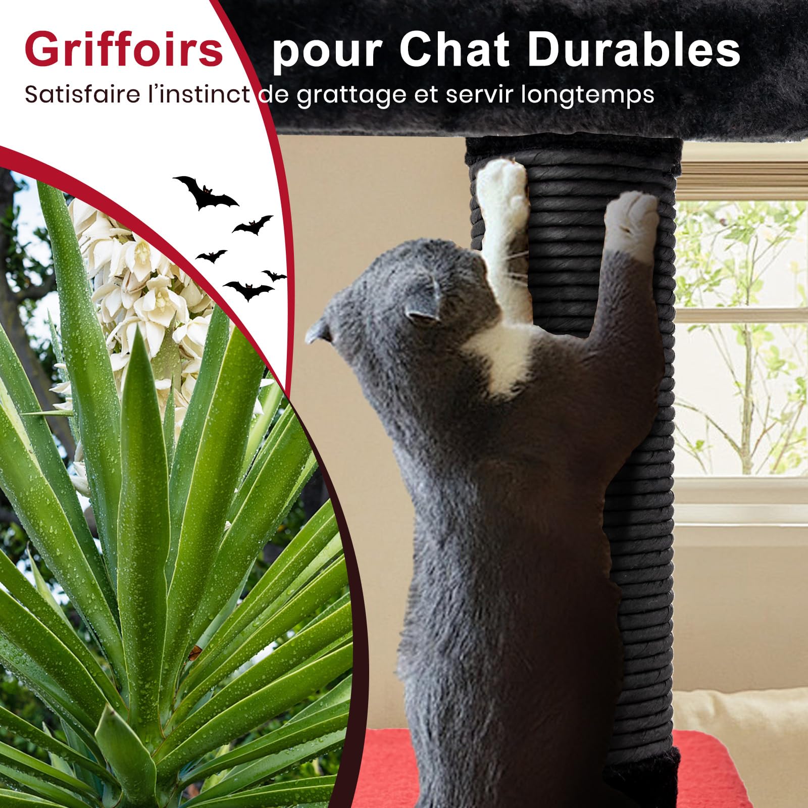 GOPLUS Arbre a Chat Style Gothique, Hauteur 133 CM, Arbre a Chat XXL à 6 Niveaux avec Poteaux à Gratter Sisal, Perchoir, Hamac, Niche Forme Coffin avec Coussin Amovible, Jouet Suspendu, Rouge et Noir
