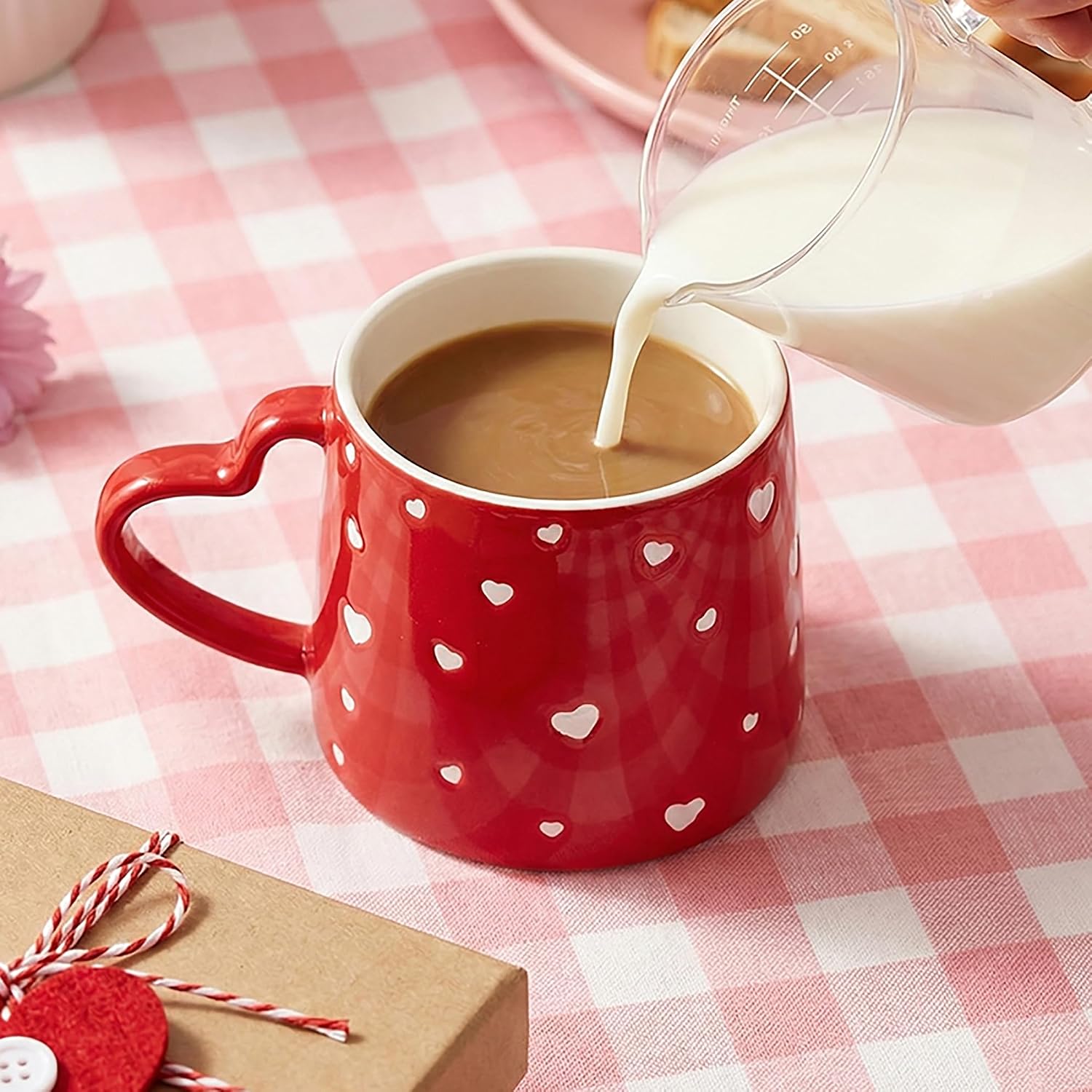 Red Coffee Mug with Handmade Heart Handle, Embossed-White-Heart Mugs, 13oz Ceramic Tea Cup for Hot & Cold Drinks, Gift Idea for Best Friend Women Female Girlfriend Besties BFF Mom Grandma Wife Sister