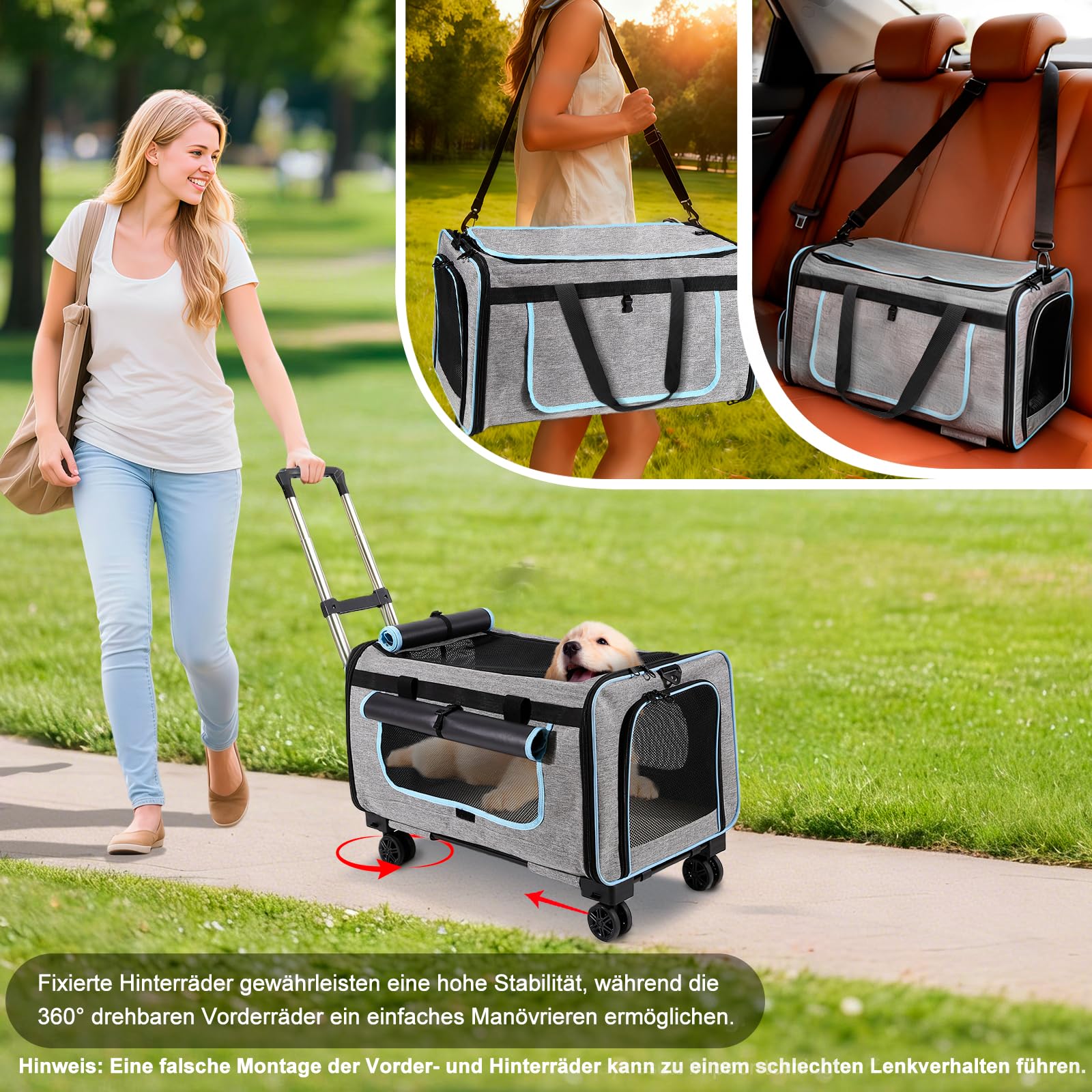 Große Transportbox mit abnehmbaren Rädern, 2-in-1 faltbar, für Hunde & Katzen, Teleskopgriff, für Auto/Outdoor/Indoor, max. 20 kg (44 lbs), Nicht für Flugreisen