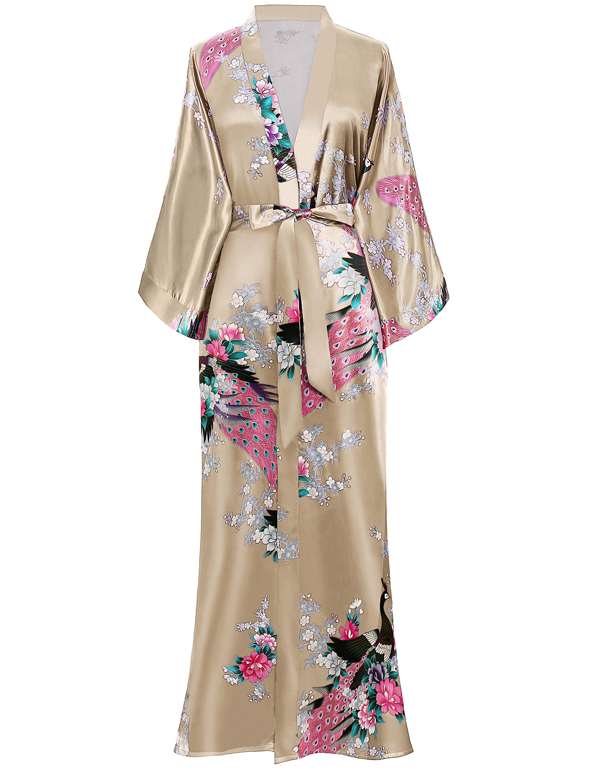BABEYONDWomen's Kimono Robe Long Robes with Peacock and Blossoms Printed Kimono Nightgown